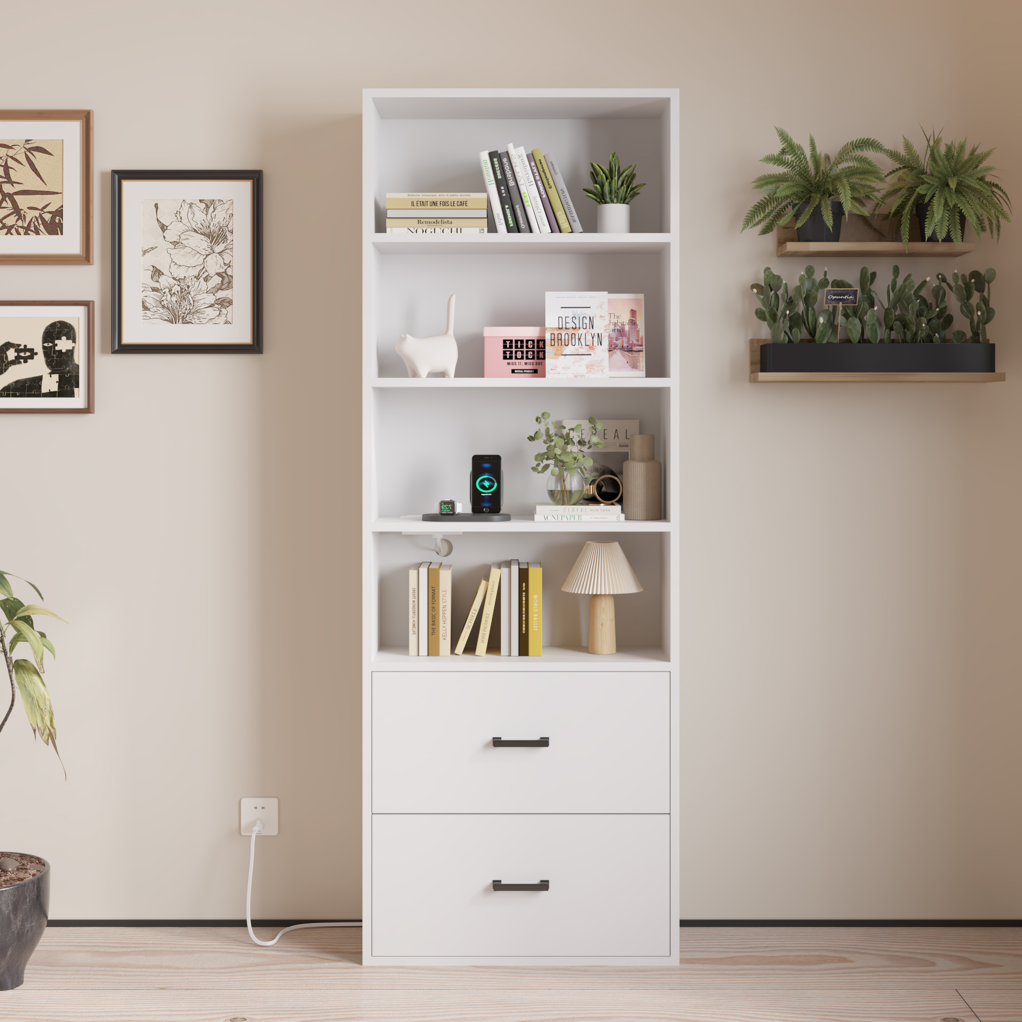 Drawer Dresser Bookcase with USB Power Outlet Storage Cabinet Bookshelf White US