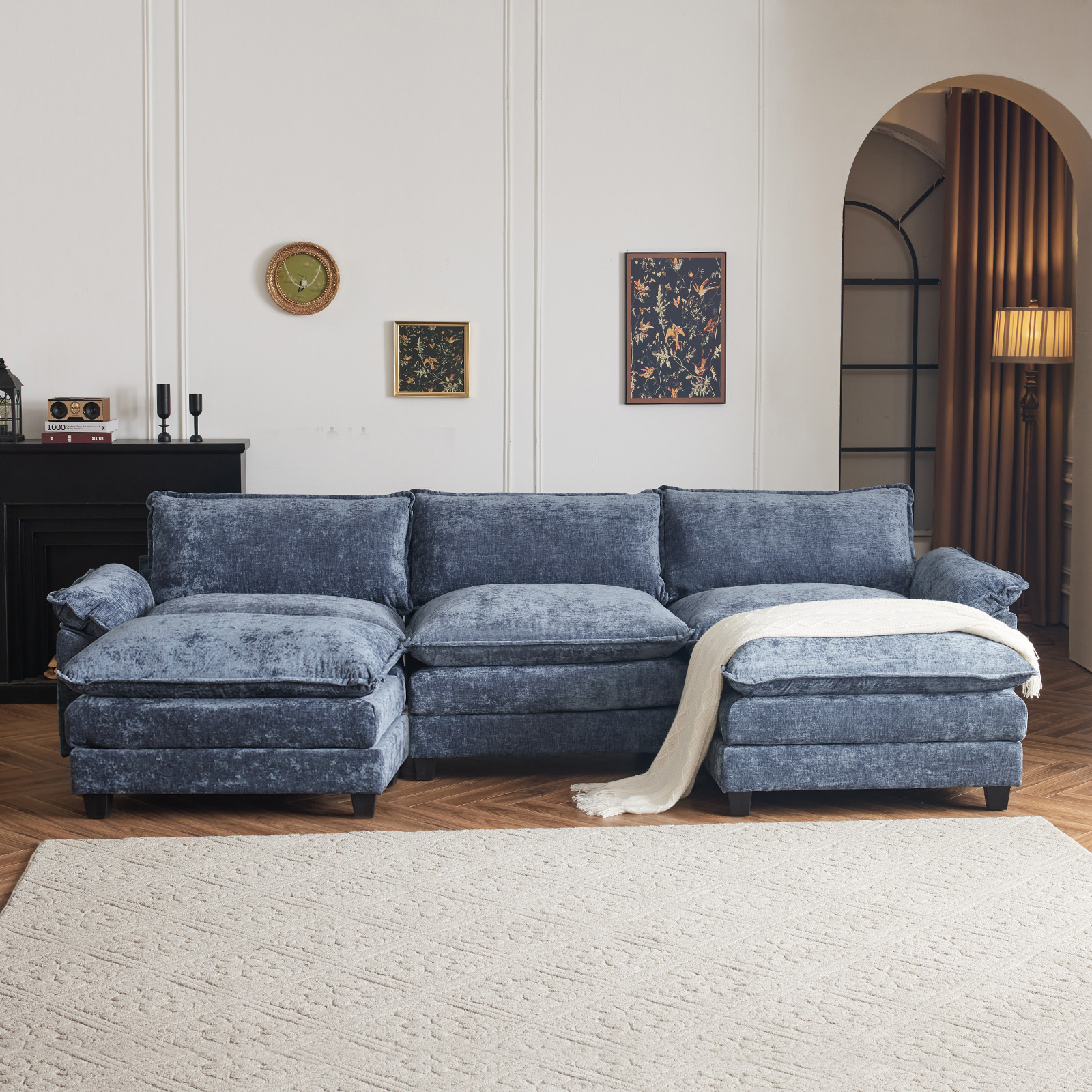 122" Modern Sectional Sofa U Shaped Couch Chenille Sleeper Set for Living Room - Picture 7 of 13