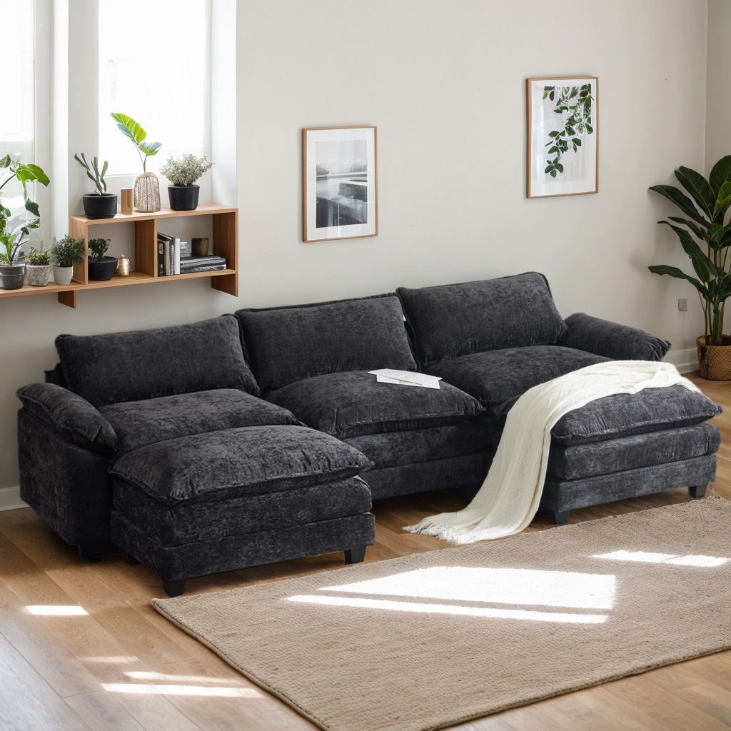 122" Modern Sectional Sofa U Shaped Couch Chenille Sleeper Set for Living Room - Picture 10 of 13