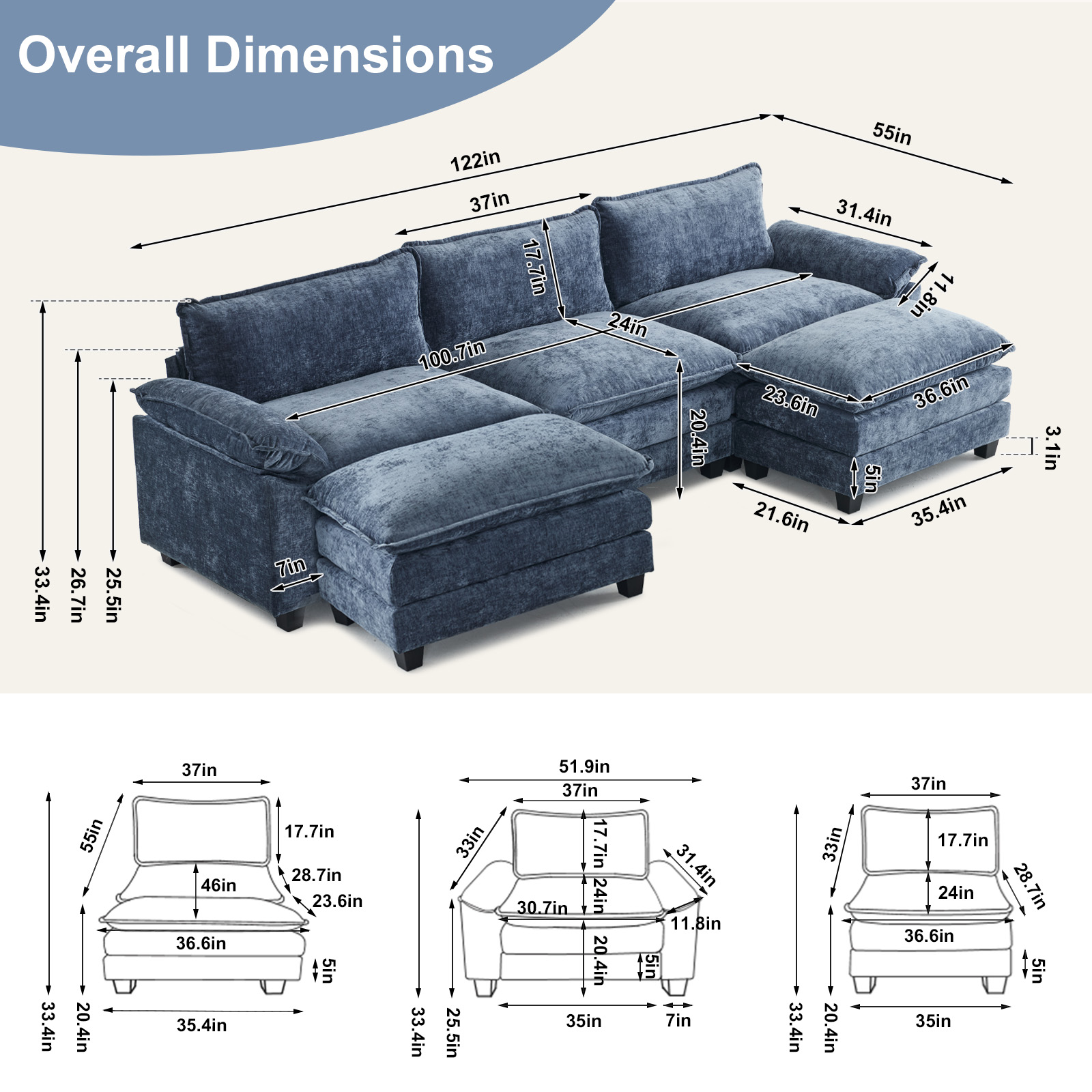 122" Modern Sectional Sofa U Shaped Couch Chenille Sleeper Set for Living Room - Picture 6 of 13