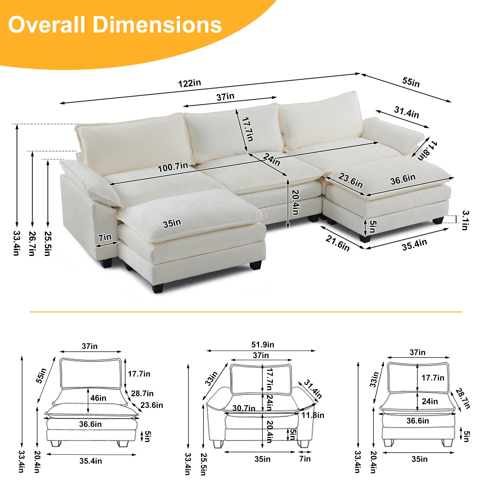 120" W Sectional Sofa Modular Comfy Cloud Counch Modern U Shape Sofa Set - Picture 9 of 12