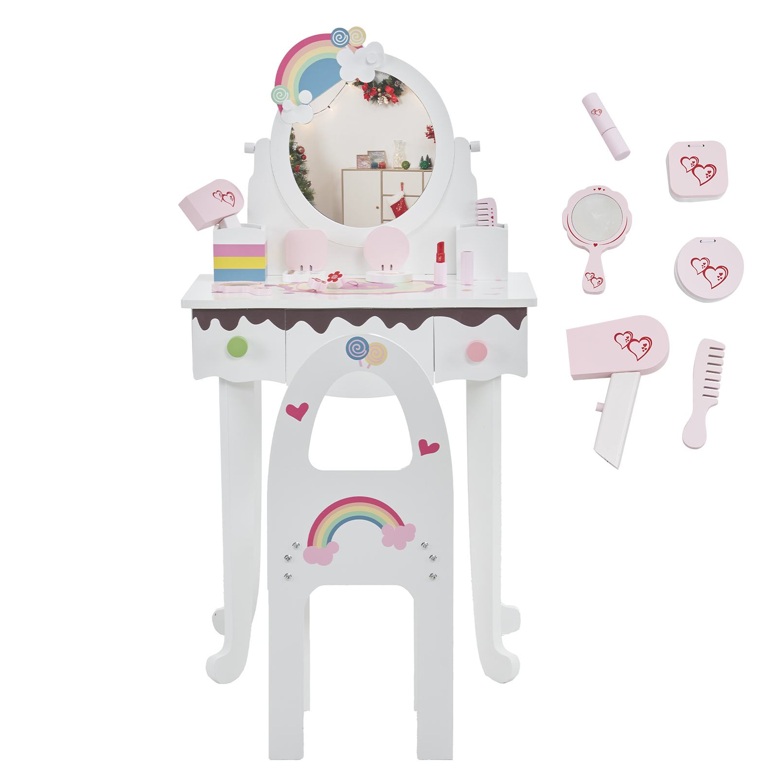 Kids Gift Vanity Makeup Table Girls Dressing Table Set with Mirror and Stool - Picture 14 of 31