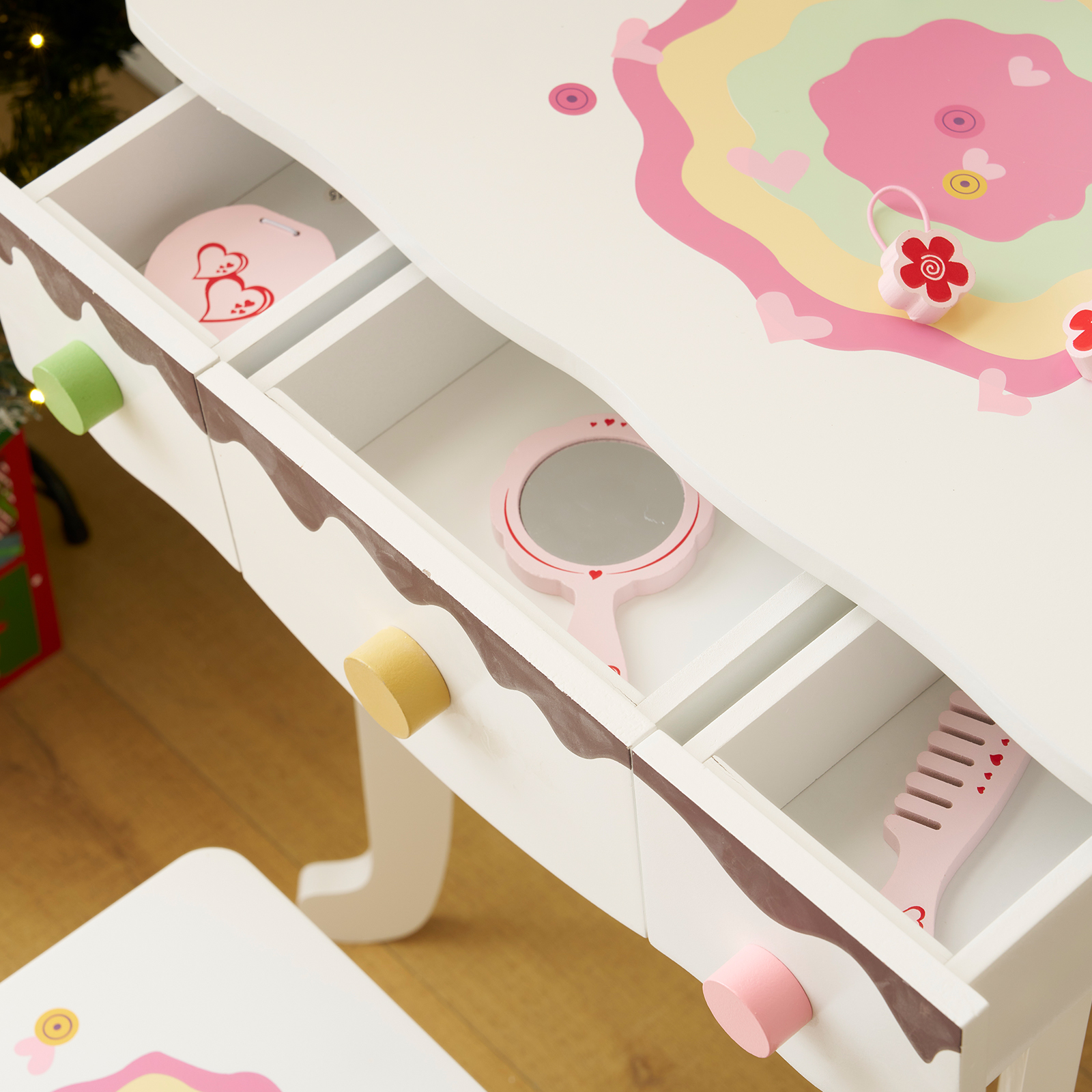 Kids Gift Vanity Makeup Table Girls Dressing Table Set with Mirror and Stool - Picture 17 of 31