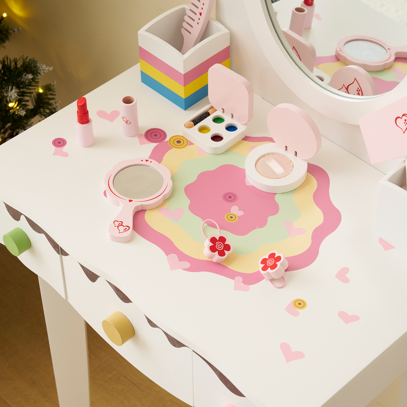 Kids Gift Vanity Makeup Table Girls Dressing Table Set with Mirror and Stool - Picture 18 of 31