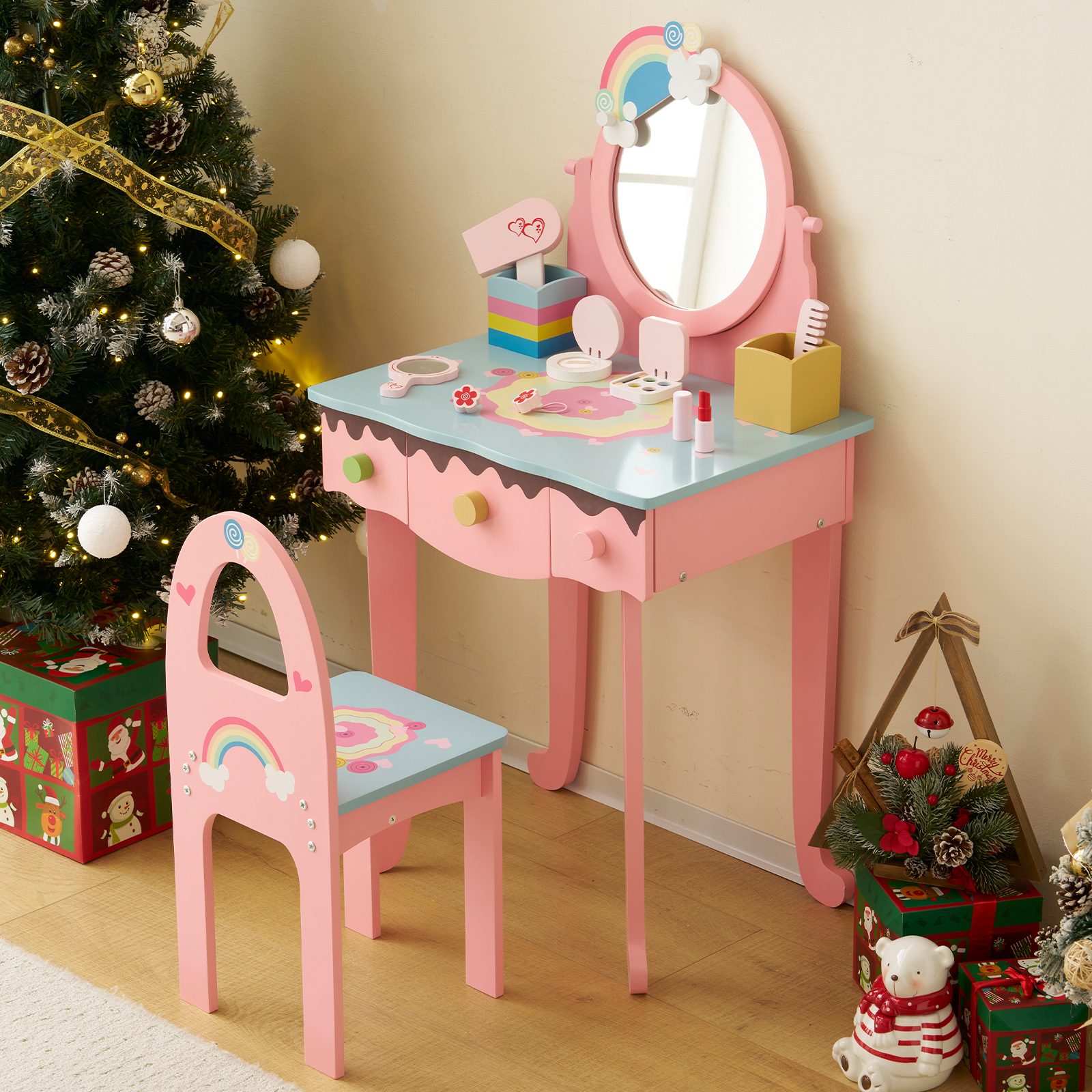 Kids Gift Vanity Makeup Table Girls Dressing Table Set with Mirror and Stool - Picture 23 of 31