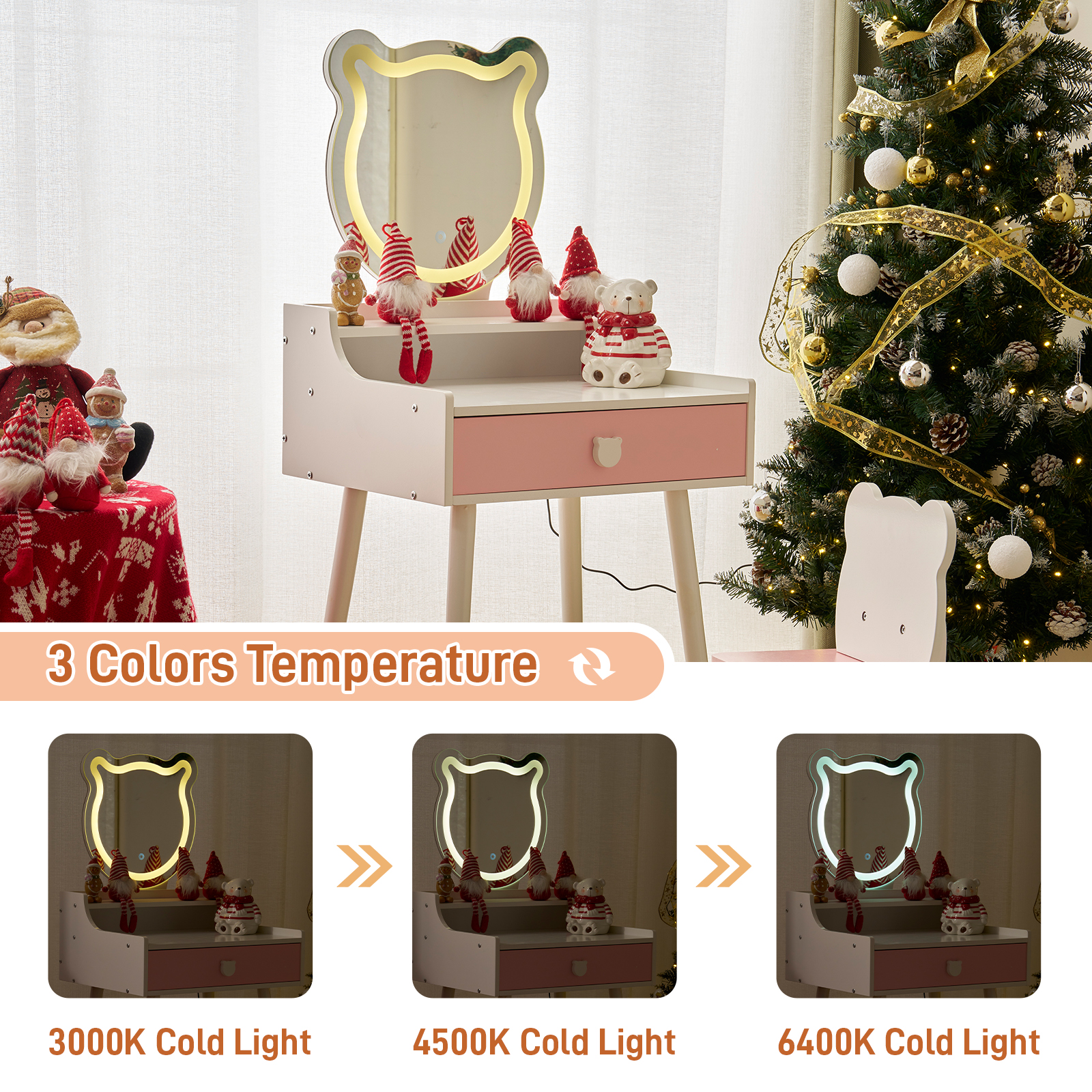 Christmas Gift for Kids Cute Children's Vanity Table Set with Mirror & Stool