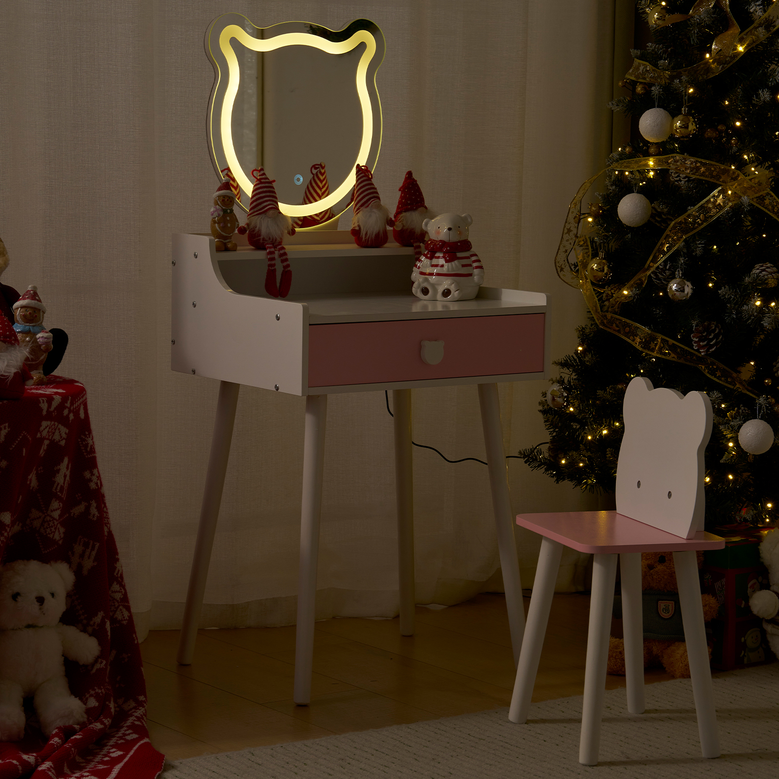 Christmas Gift for Kids Cute Children's Vanity Table Set with Mirror & Stool