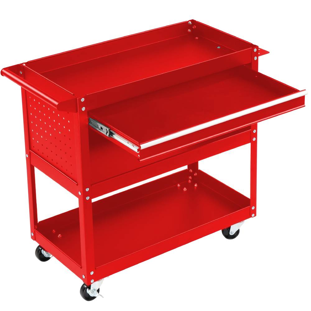 3 Tier Rolling Tool Cart with Pegboard &  Drawer & 4 Hooks & Wheels Black / Red - Picture 15 of 15