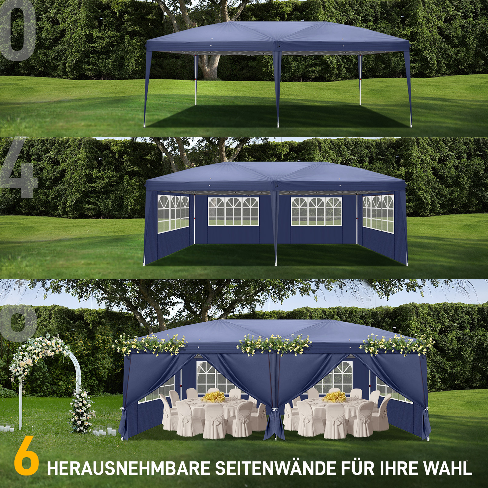 Pavillon Faltpavillon 3x6m Wasserdicht mit 6 Seitenteilen und Fenstern Partyzelt