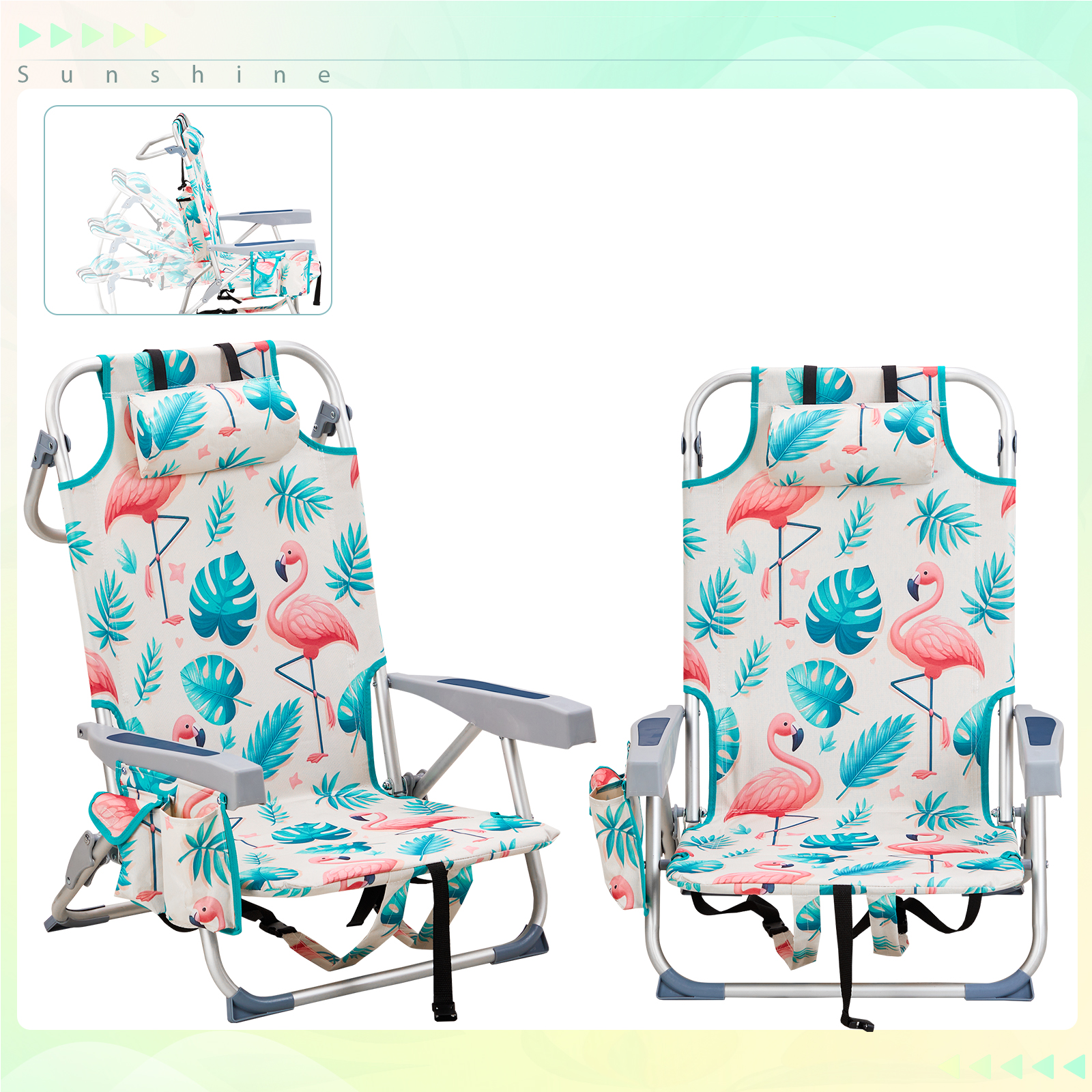 32.3" Backpack Beach Camping Chair, Folding Heavy Duty, Aluminum Reclining Chair - Picture 3 of 8