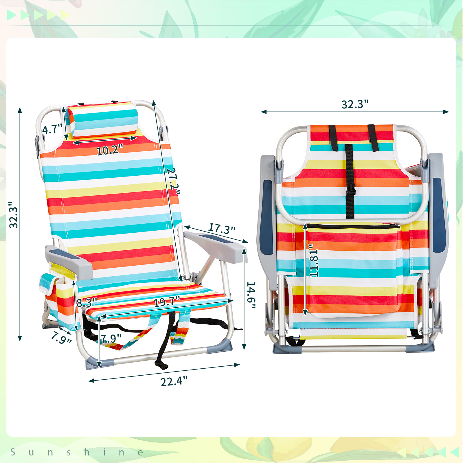 32.3" Backpack Beach Camping Chair, Folding Heavy Duty, Aluminum Reclining Chair - Picture 4 of 8