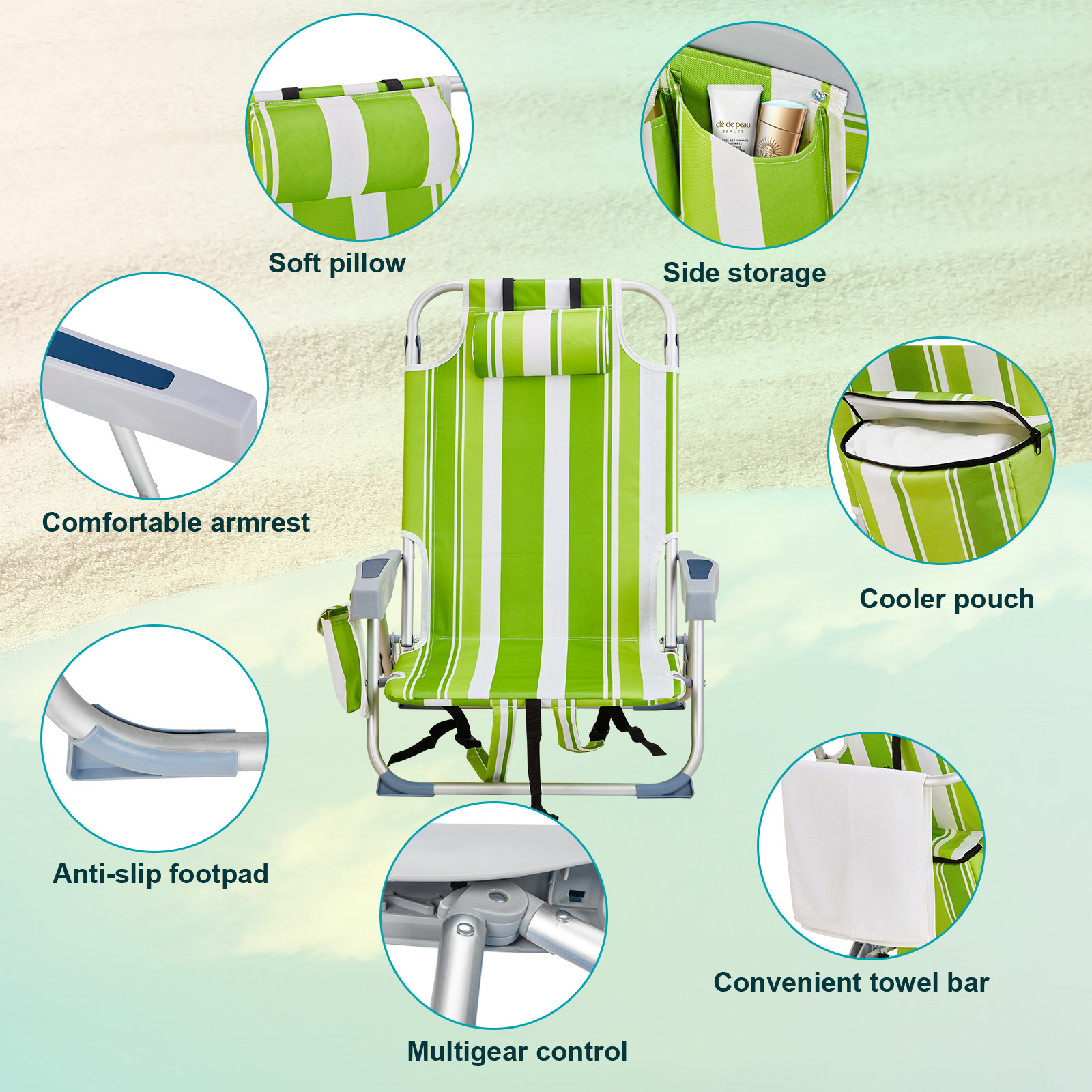 Backpack Beach Camping Chair, Aluminum 600D Polyester Fabric with Cup Holder - Picture 6 of 8