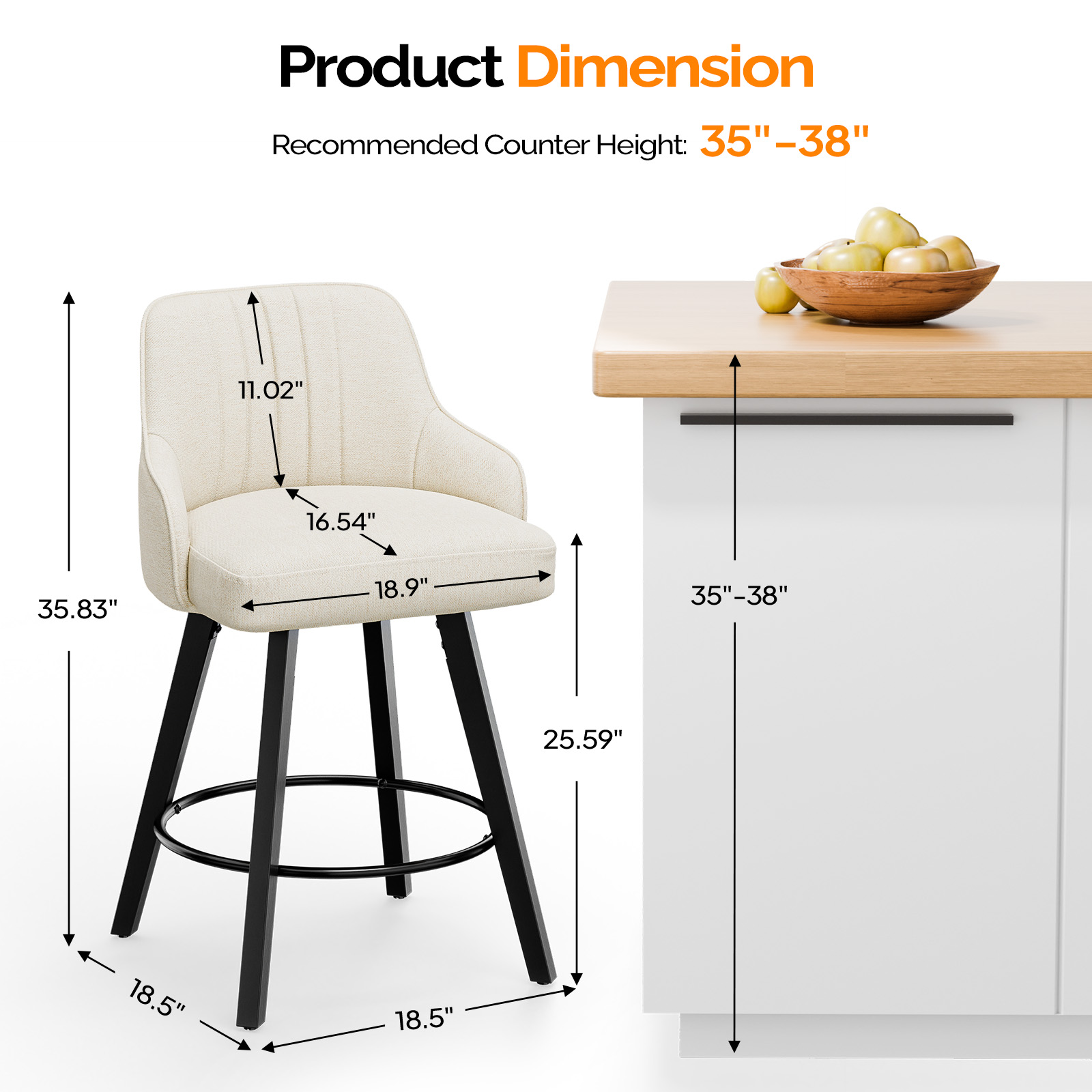 Ergonomic Solid Wood Legs Cotton Linen Swivel Bar Stool for Bar Home Office - Picture 17 of 30