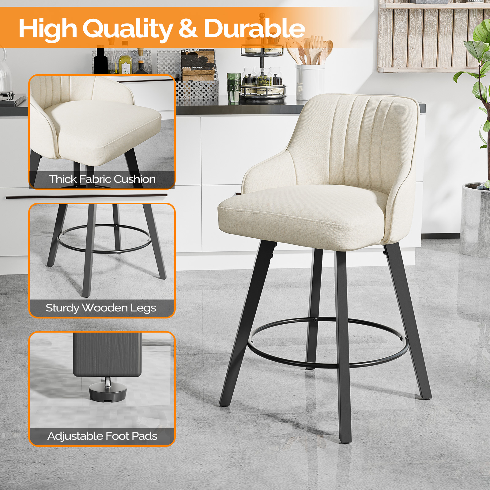 Ergonomic Solid Wood Legs Cotton Linen Swivel Bar Stool for Bar Home Office - Picture 18 of 30