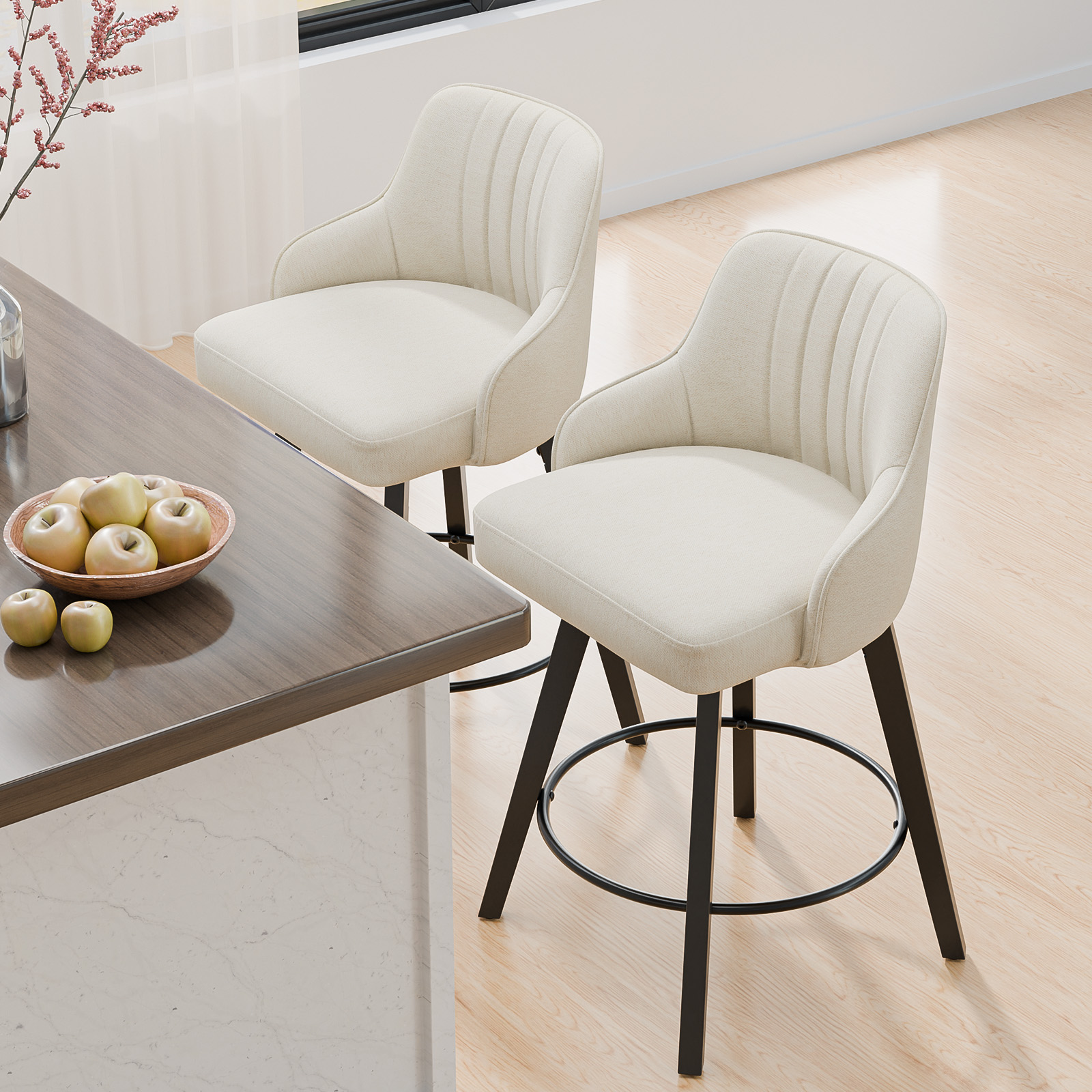 Ergonomic Solid Wood Legs Cotton Linen Swivel Bar Stool for Bar Home Office - Picture 20 of 30