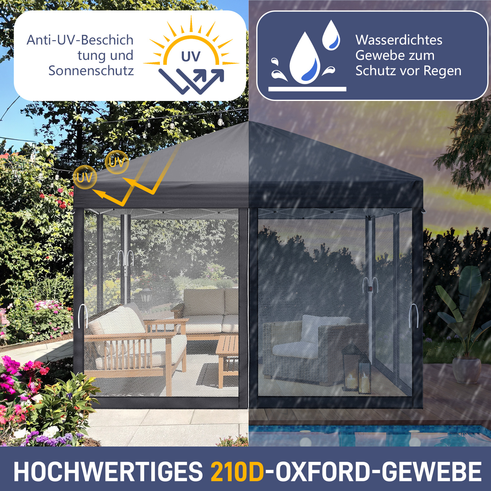 Pavillon Faltpavillon 3x3m Wasserdicht mit 4 Seitenteilen und Fenstern Partyzelt - Bild 61 von 73