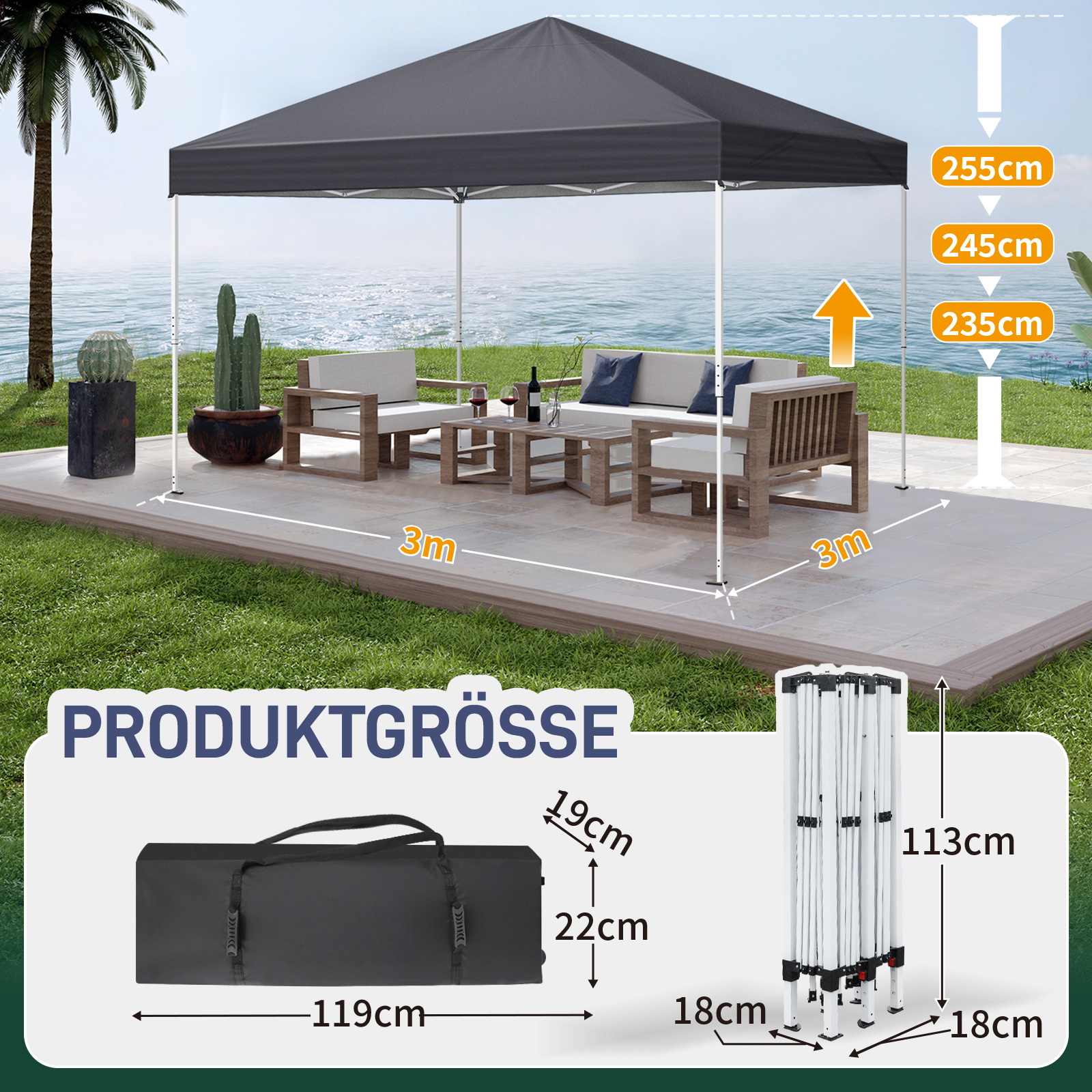Pavillon Faltpavillon 3x3m Wasserdicht mit 4 Seitenteilen und Fenstern Partyzelt - Bild 59 von 73
