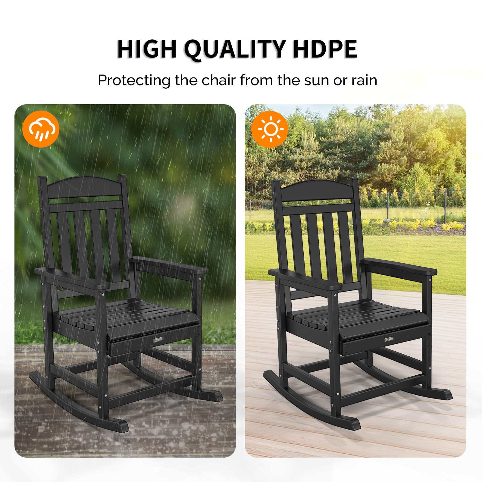 VINGLI Outdoor Rocking Chair, HDPE Rocking Chair with Higher Backrest - Picture 4 of 14