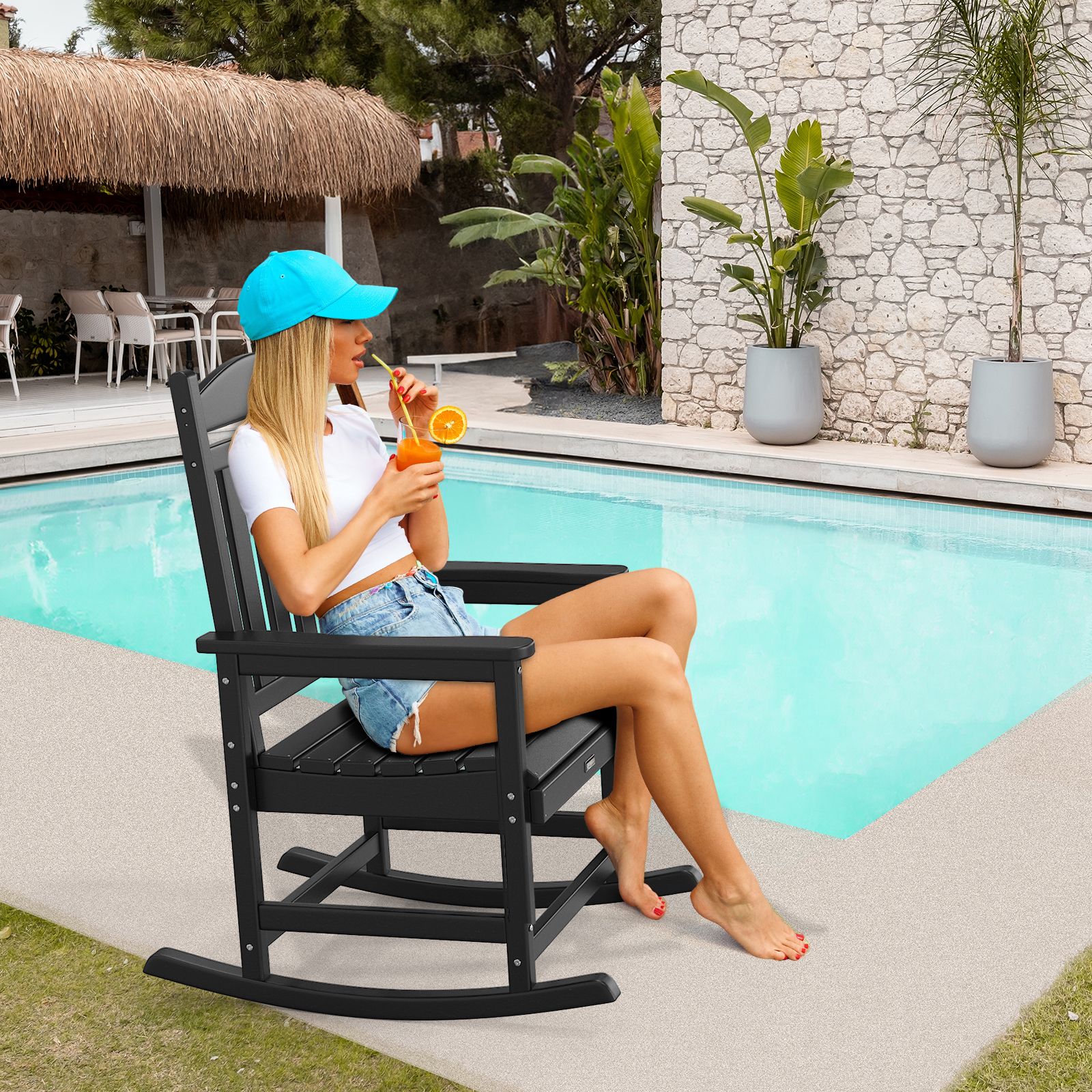 VINGLI Outdoor Rocking Chair, HDPE Rocking Chair with Higher Backrest - Picture 5 of 14