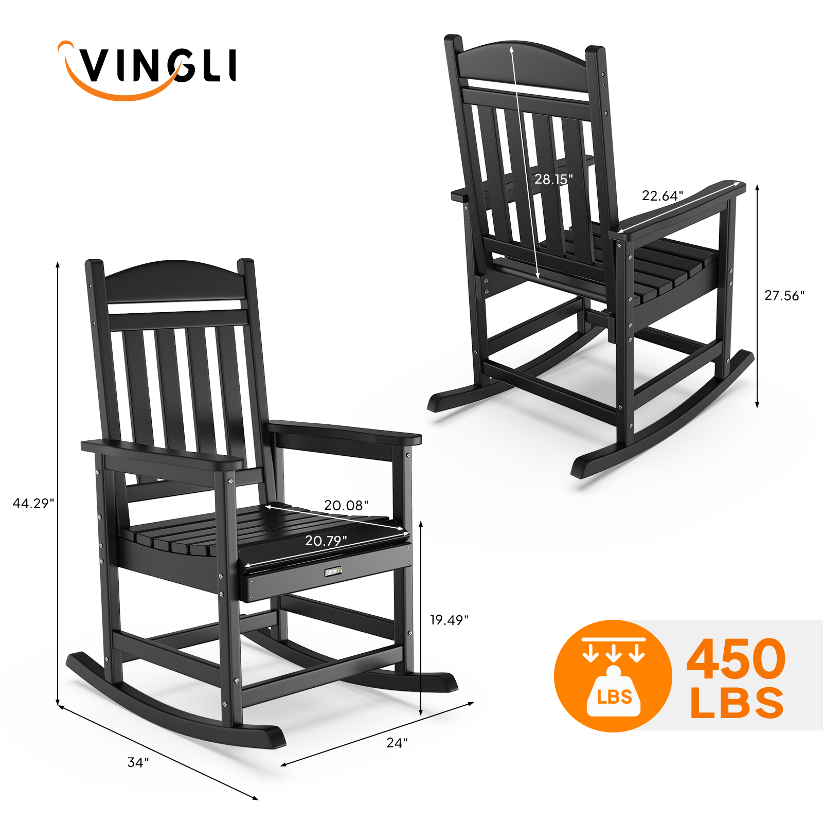 VINGLI Outdoor Rocking Chair, HDPE Rocking Chair with Higher Backrest - Picture 7 of 14