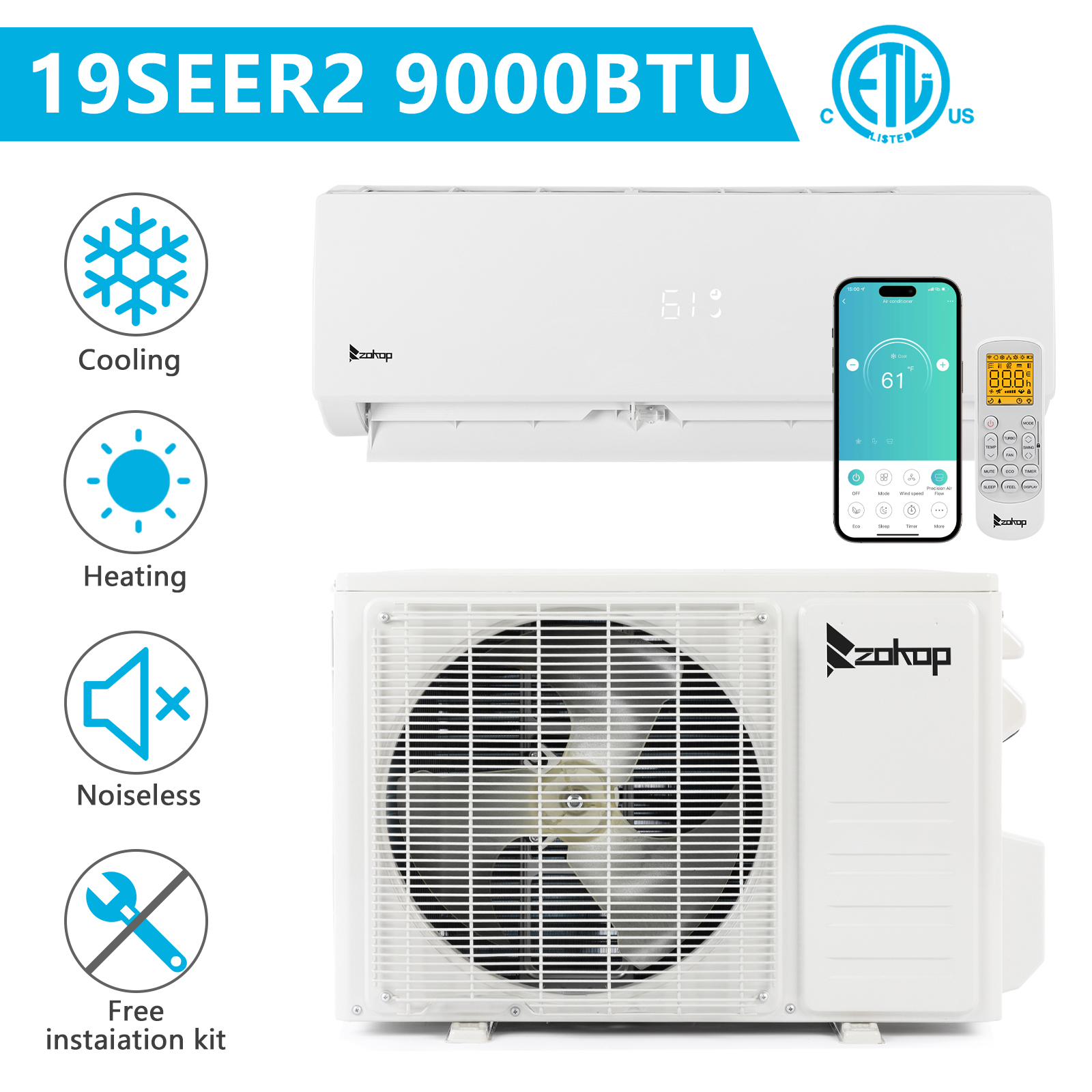 Zokop 9000 -24000 BTU Mini Split Air Conditioner Heat Pump with Remote WIFI - Picture 17 of 21