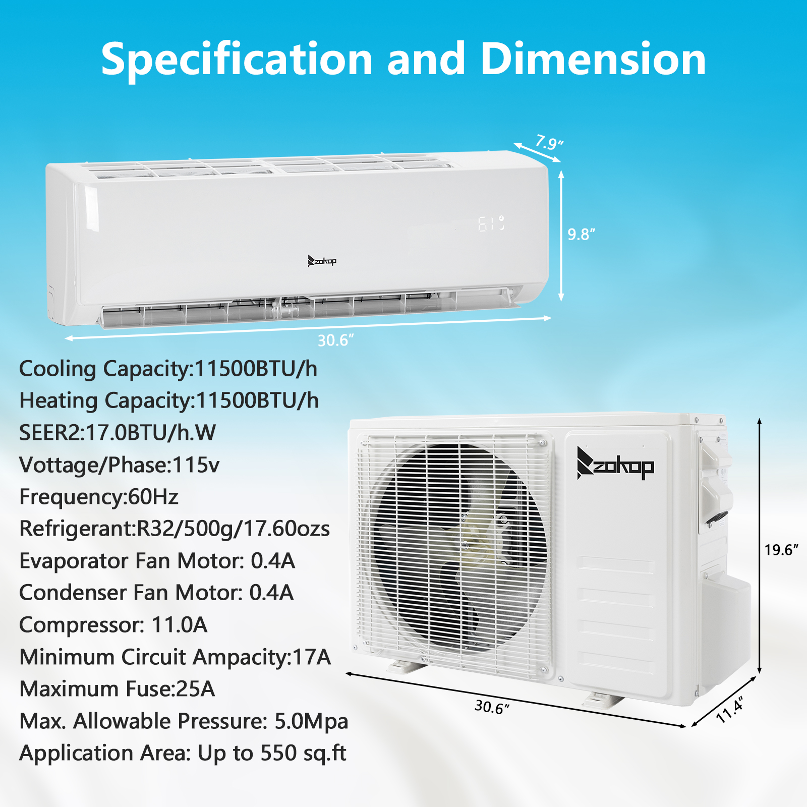 ZOKOP 11500 BTU 17 SEER Mini Split Air Conditioner Heat Pump Wifi Dehumidify Fan