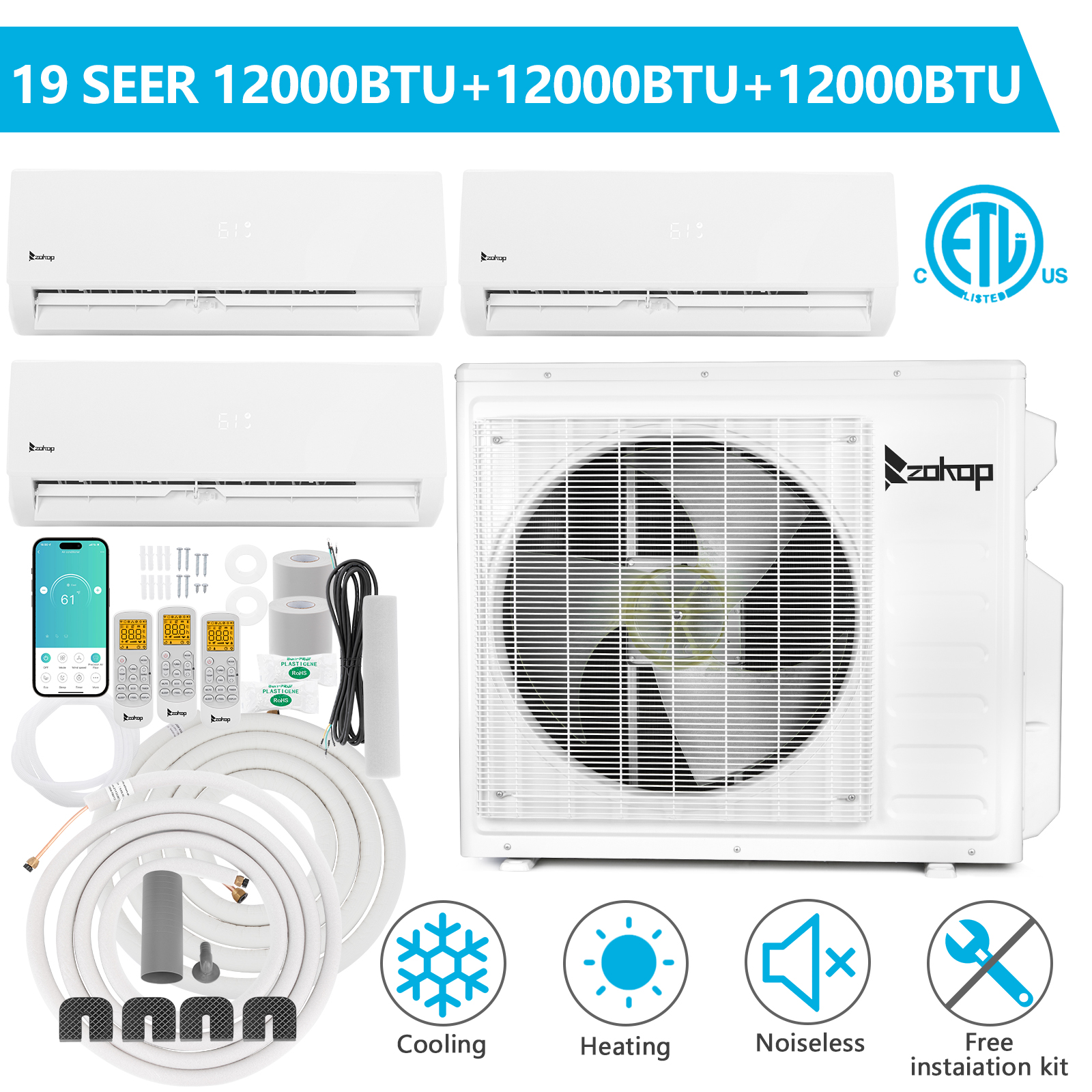 3 Tri Zone 27000 BTU Ductless Mini Split Air Conditioner Inverter Wifi Heat Pump