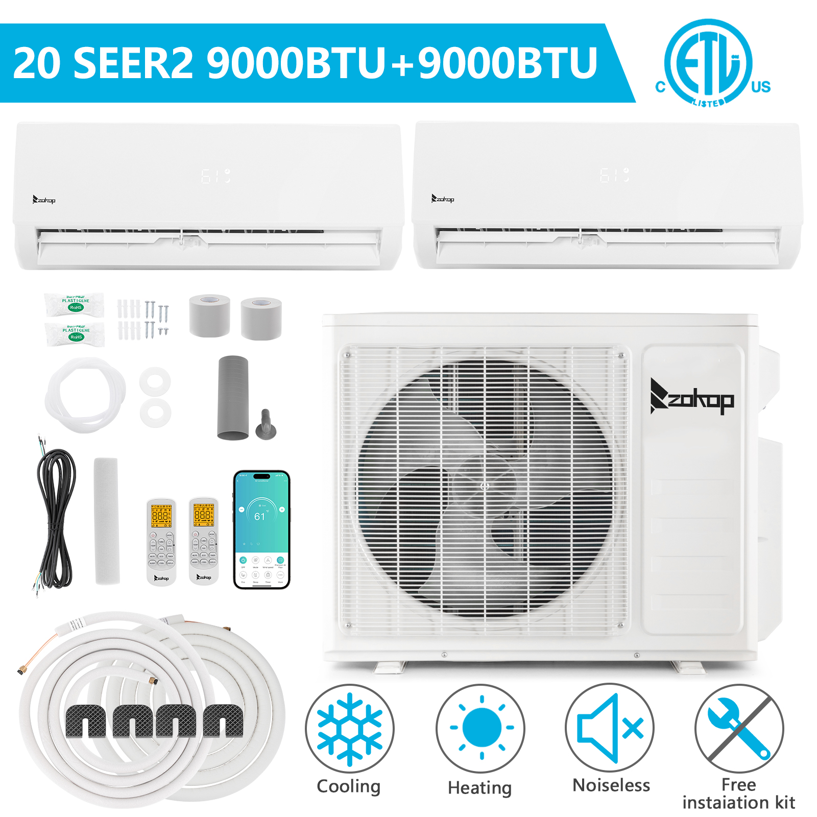 ZOKOP Dual Zone 18000 BTU Mini Split Air Conditioner Heat Pump Remote With/KIT