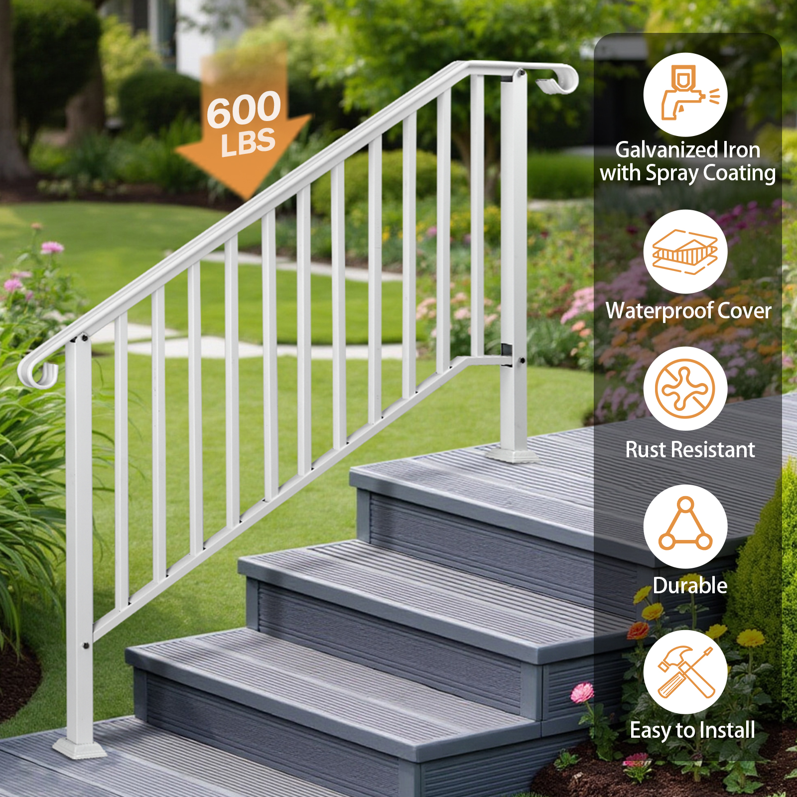 Iron Handrail Railing for Stairs 1 to 10 Steps Handrail for Garden Outdoor Step