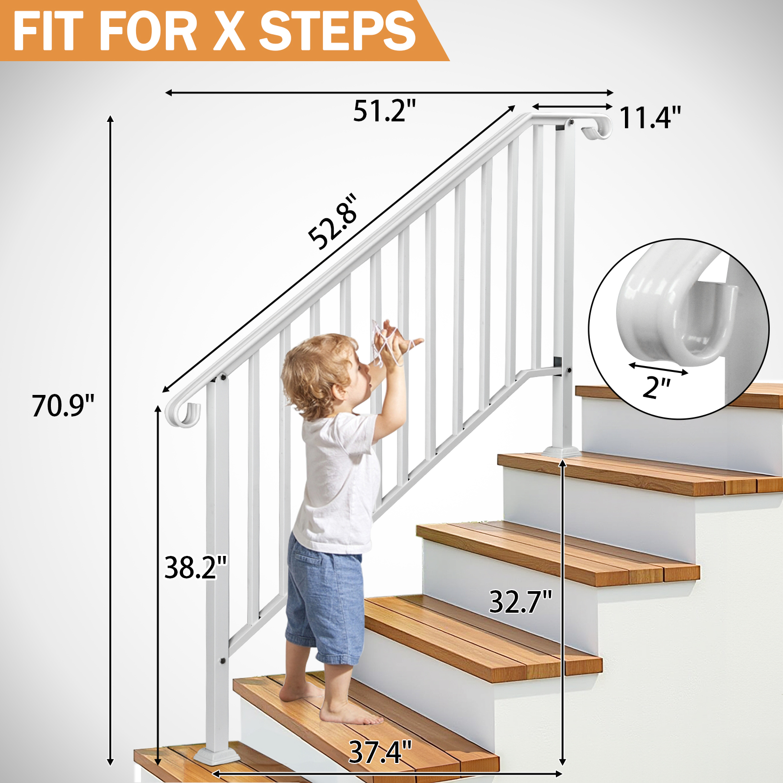 Wrought Iron Handrail For 1 to 5 Steps Adjustable Safety Outdoor Handrail Black