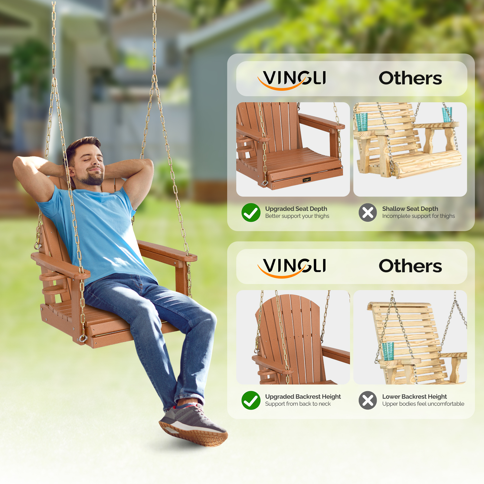 VINGLI Heavy Duty 880 LBS HDPE Porch Swing Outdoor with Rotatable Cup Holder - Picture 2 of 7