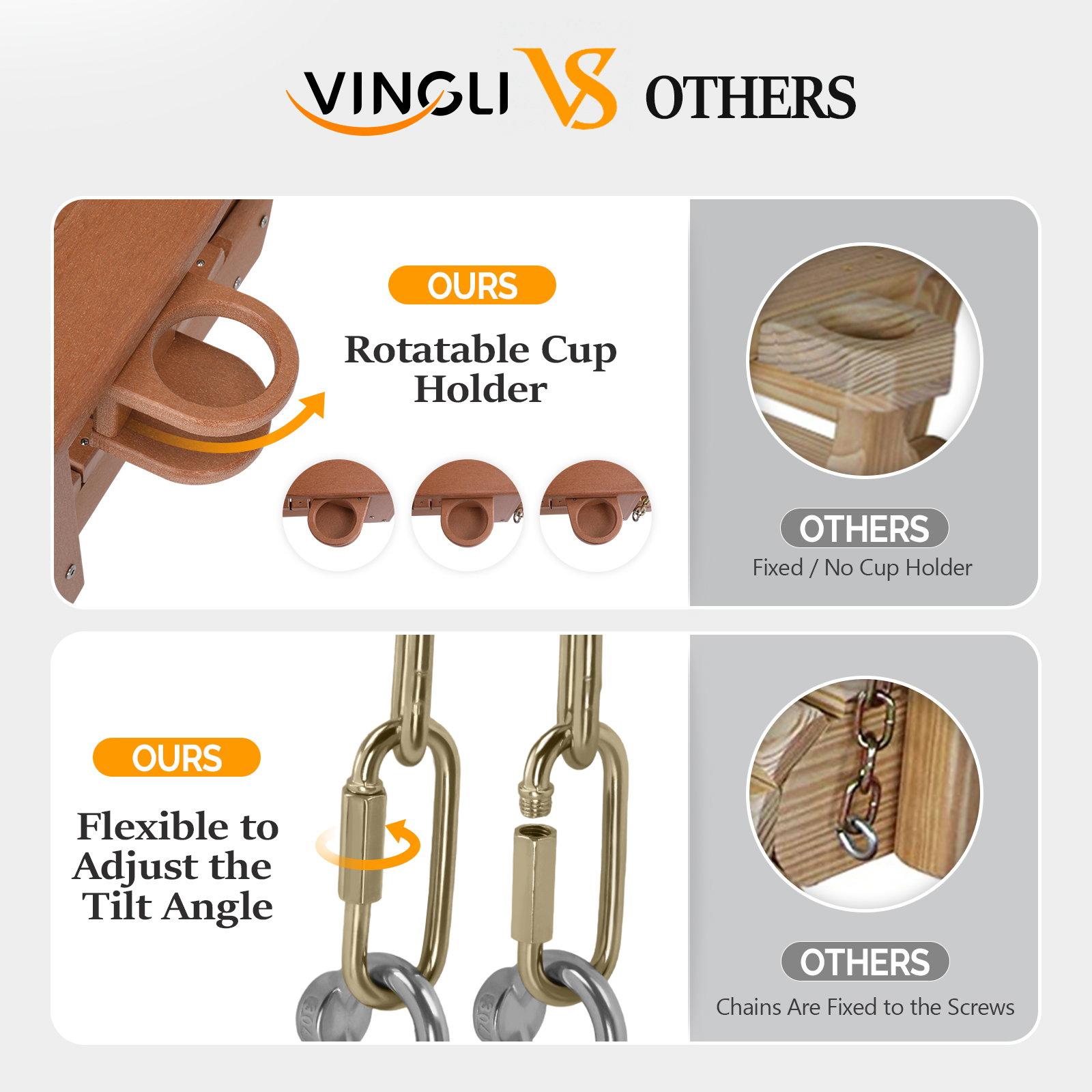 VINGLI Heavy Duty 880 LBS HDPE Porch Swing Outdoor with Rotatable Cup Holder - Picture 3 of 7