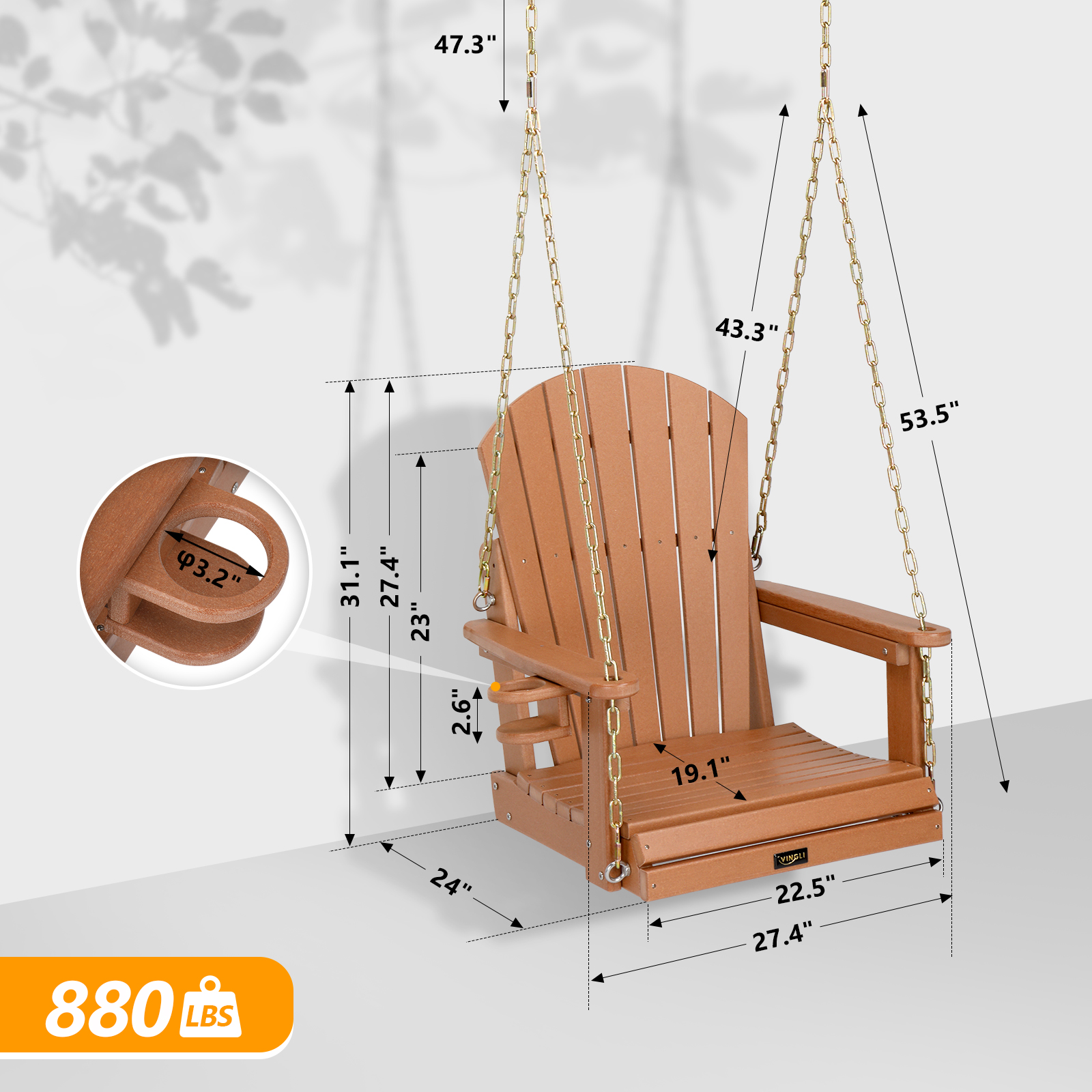 VINGLI Heavy Duty 880 LBS HDPE Porch Swing Outdoor with Rotatable Cup Holder - Picture 6 of 7