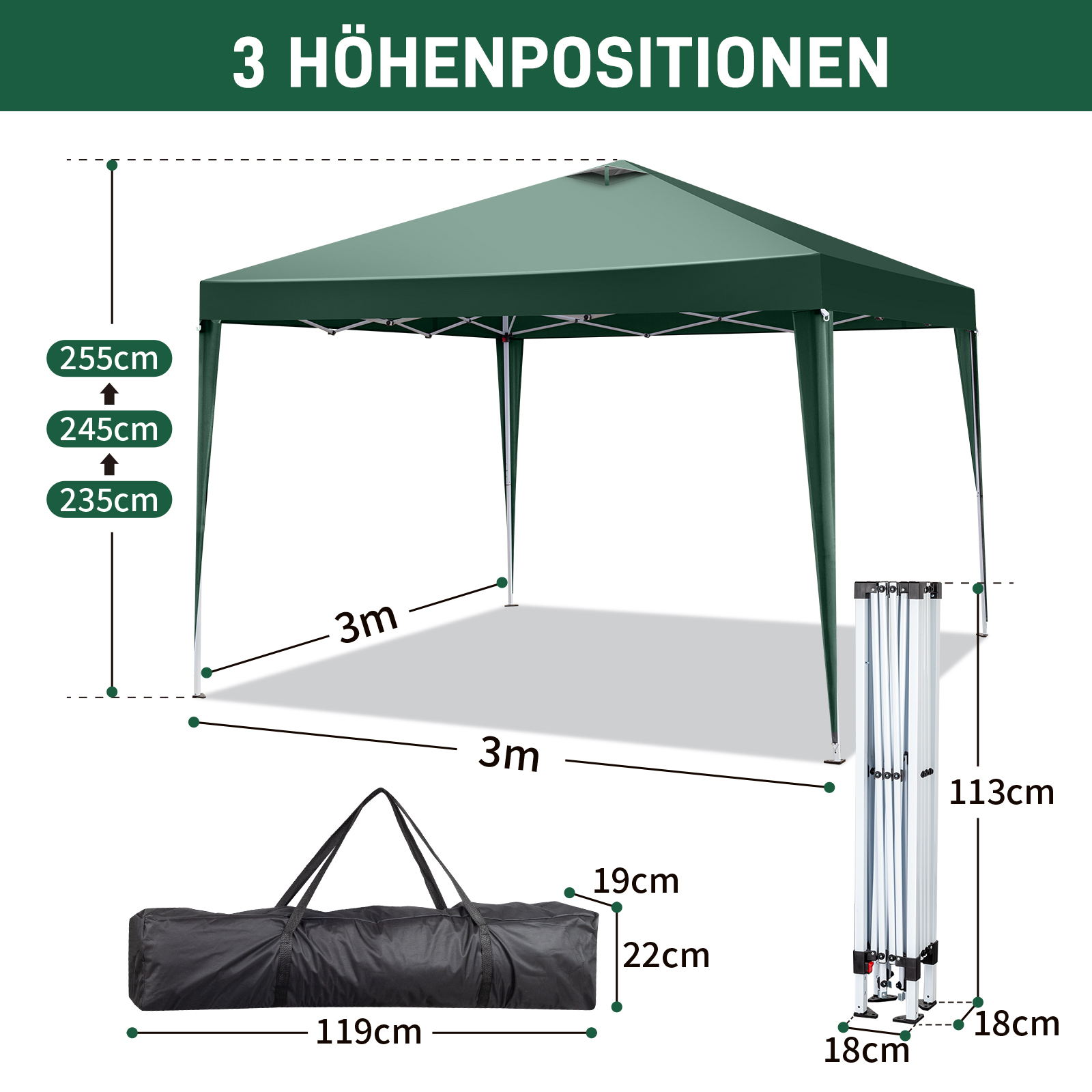 Pavillon Faltpavillon 3x3m Wasserdicht mit 4 Seitenteilen und Fenstern Partyzelt - Bild 52 von 73