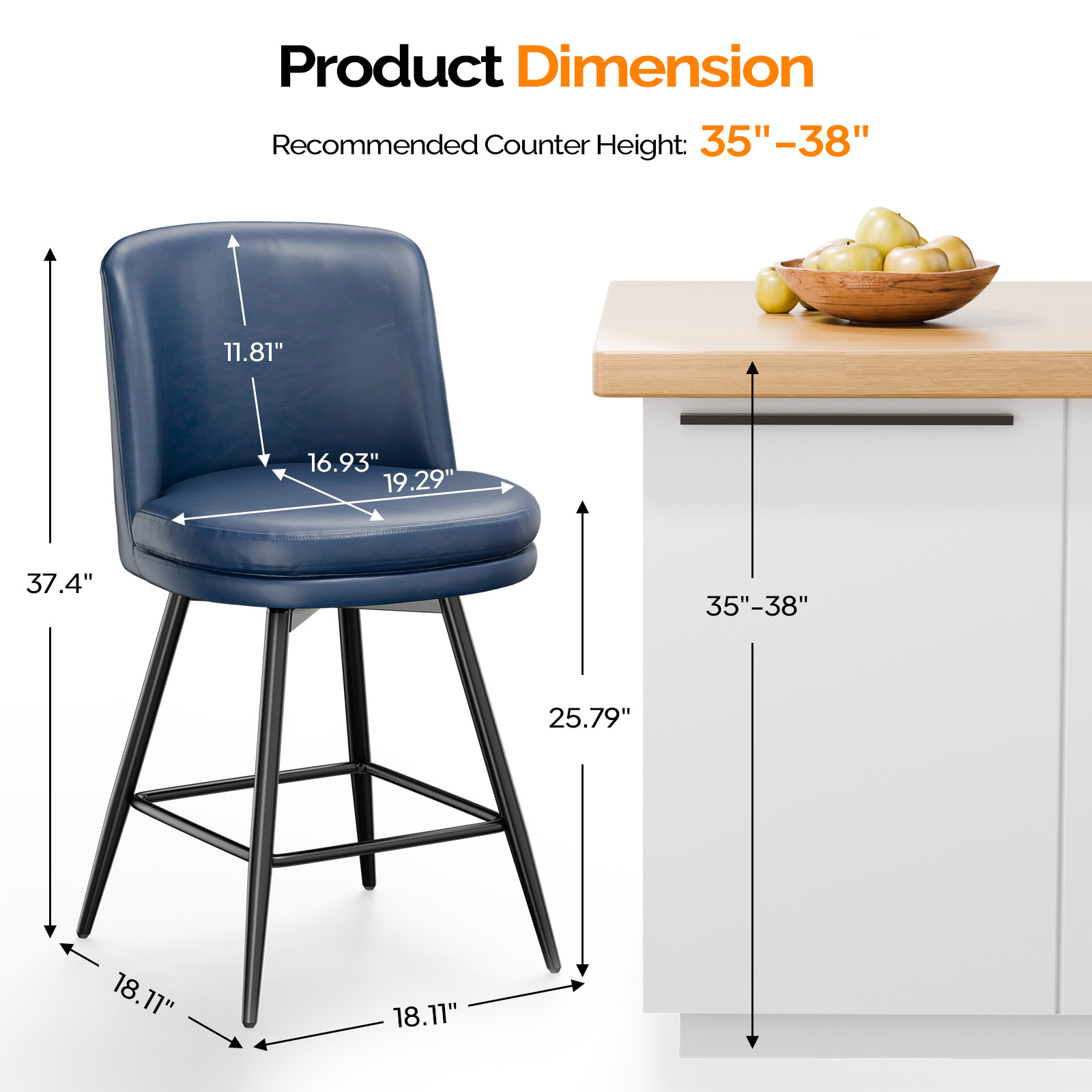 37 Inch 360° Swivel Stools with Back Tall Stools for Kitchen Island Home Bar - Picture 45 of 50