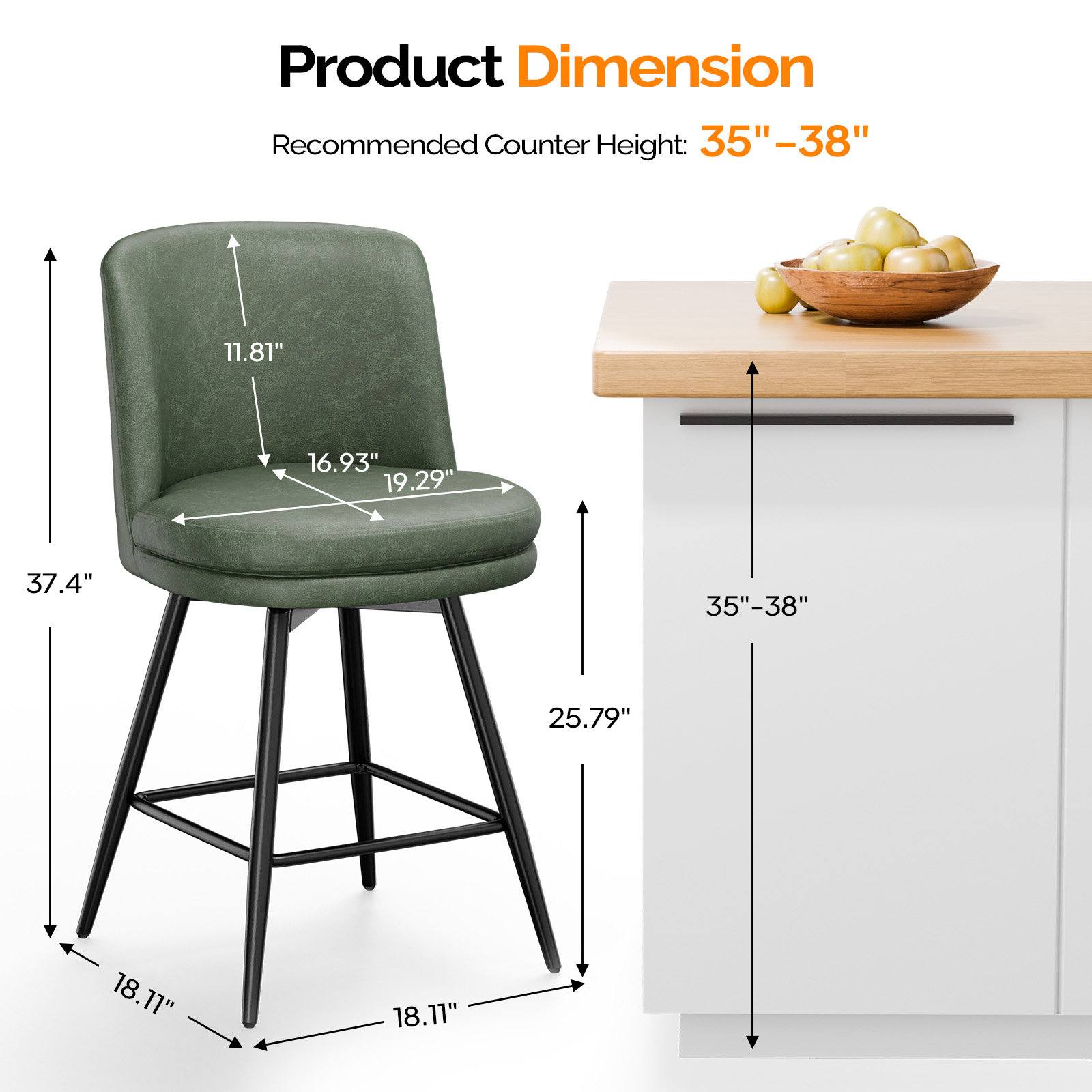 Bar Stools 360°Swivel Upholstered Backrest Synthetic Leather for Kitchen Island - Picture 39 of 50