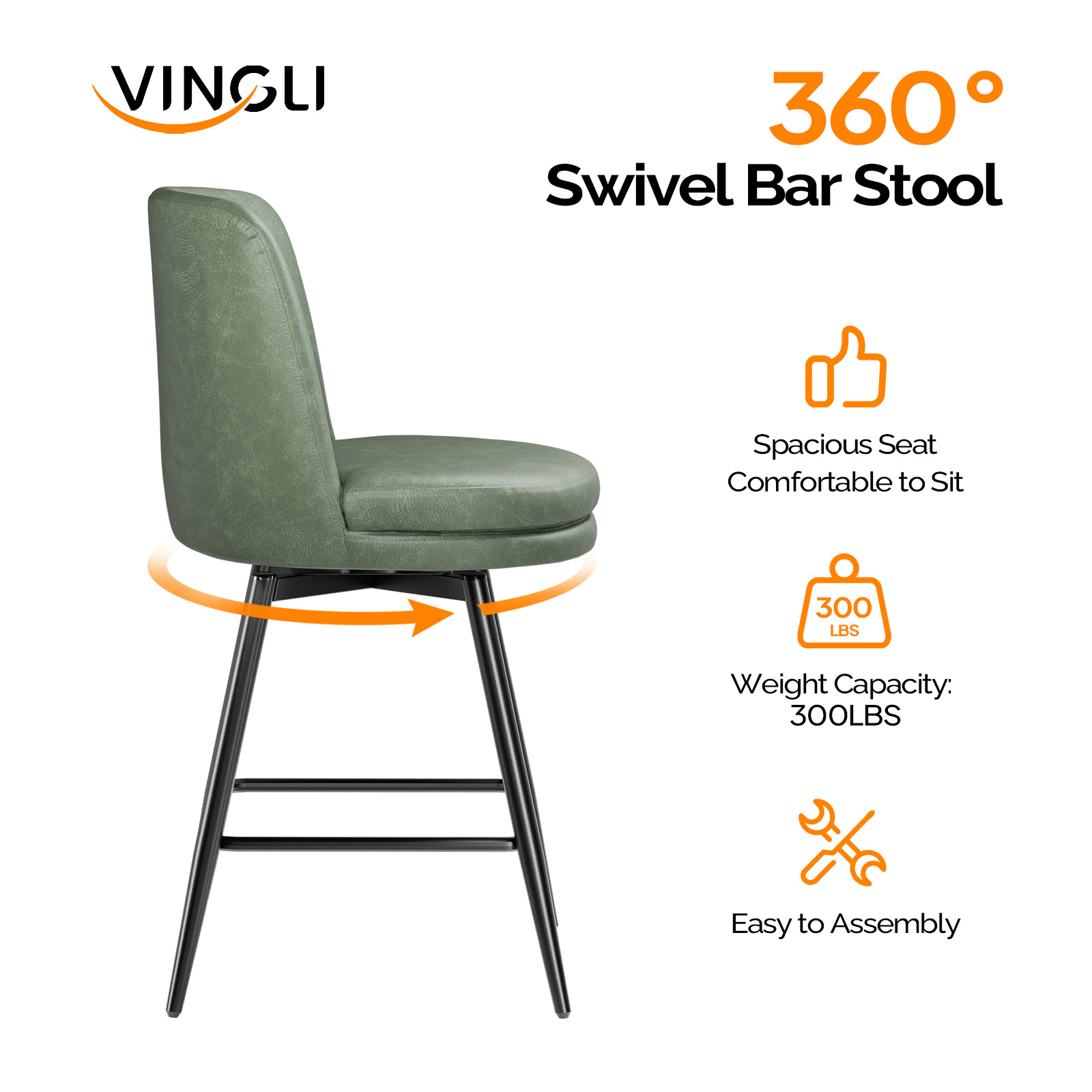 Bar Stools 360°Swivel Upholstered Backrest Synthetic Leather for Kitchen Island - Picture 40 of 50