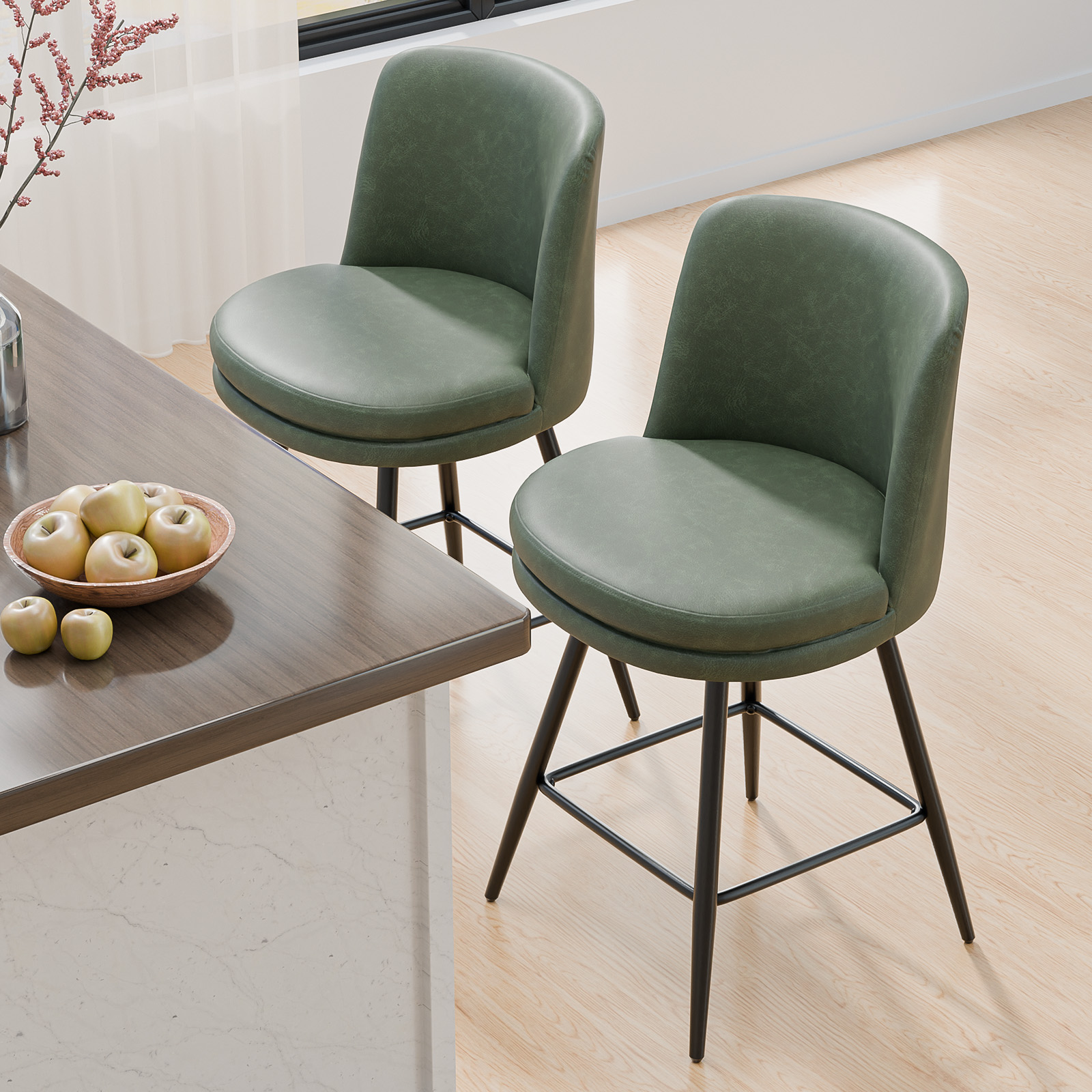 Bar Stools 360°Swivel Upholstered Backrest Synthetic Leather for Kitchen Island - Picture 42 of 50