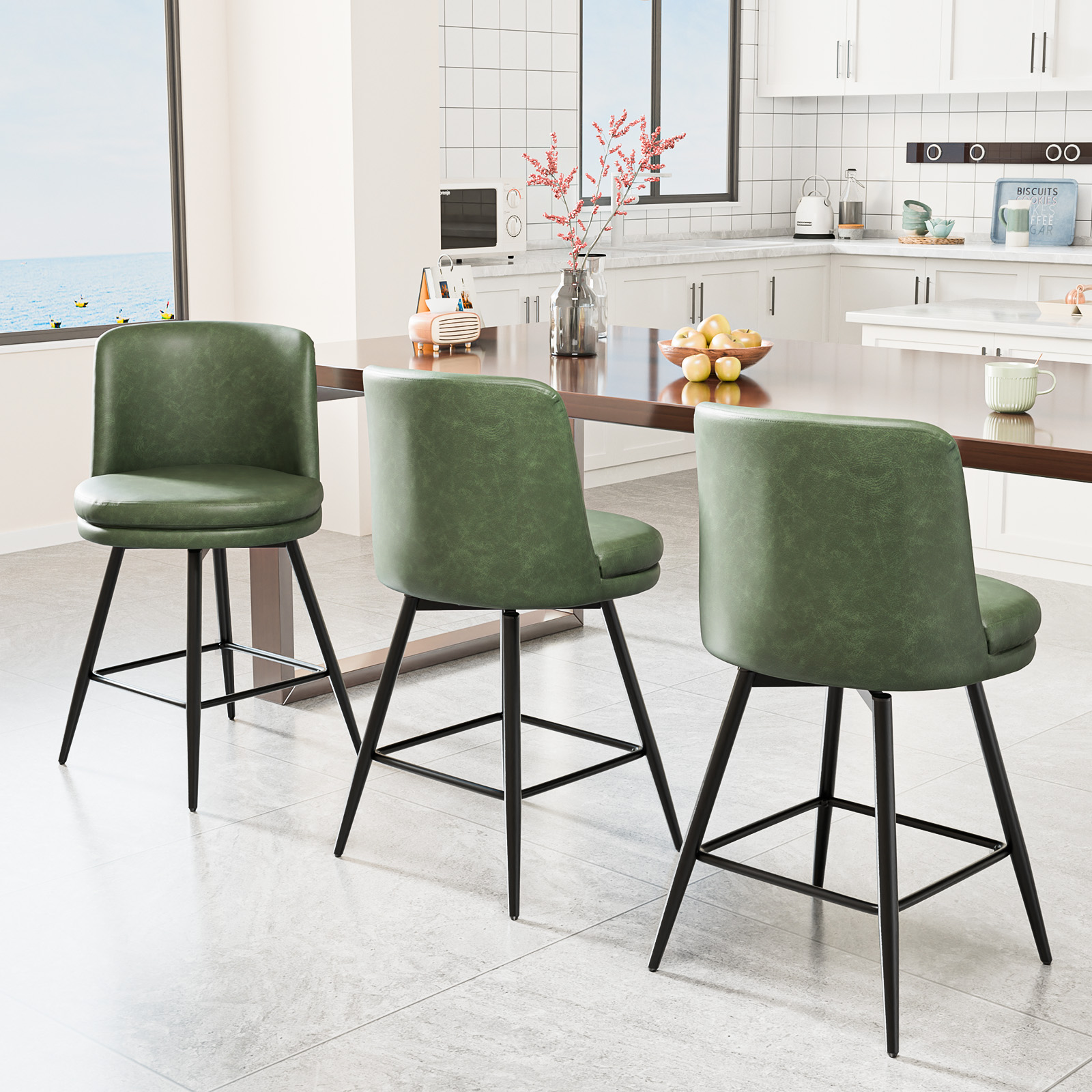 Bar Stools 360°Swivel Upholstered Backrest Synthetic Leather for Kitchen Island - Picture 43 of 50