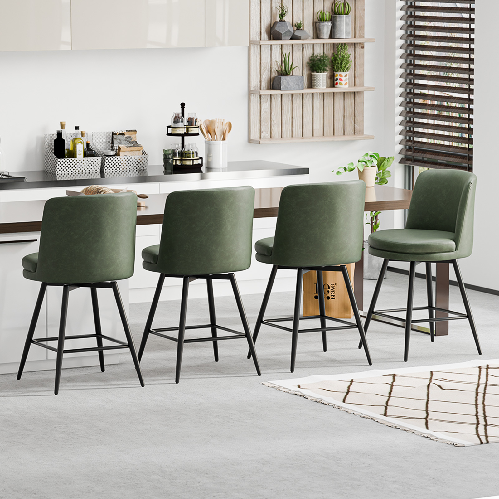 Bar Stools 360°Swivel Upholstered Backrest Synthetic Leather for Kitchen Island - Picture 44 of 50