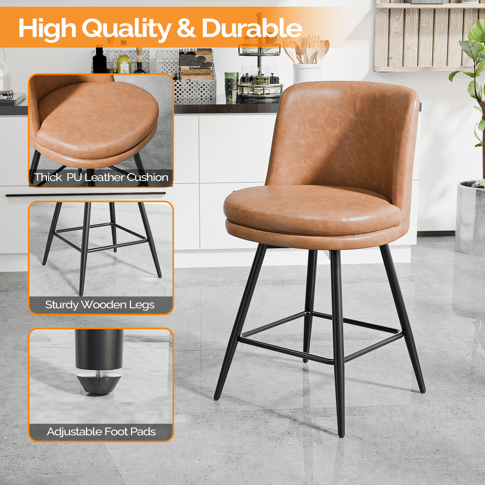 Bar Stools 360°Swivel Upholstered Backrest Synthetic Leather for Kitchen Island - Picture 34 of 50