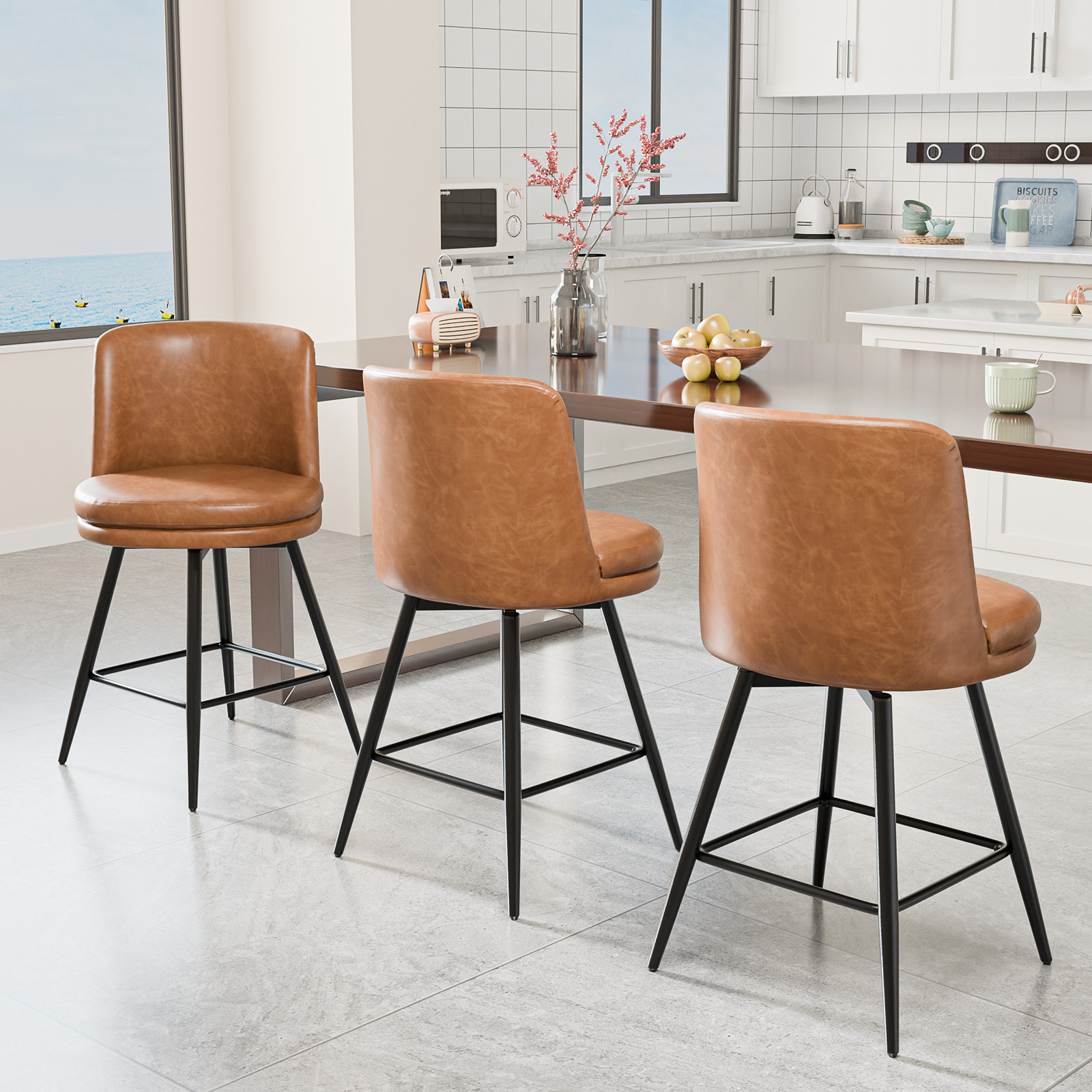 Bar Stools 360°Swivel Upholstered Backrest Synthetic Leather for Kitchen Island - Picture 36 of 50
