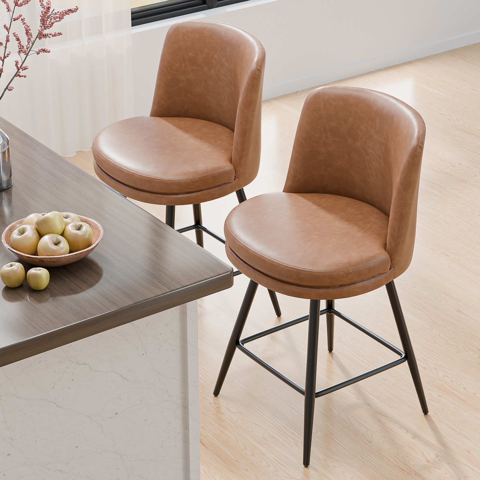 Bar Stools 360°Swivel Upholstered Backrest Synthetic Leather for Kitchen Island - Picture 37 of 50