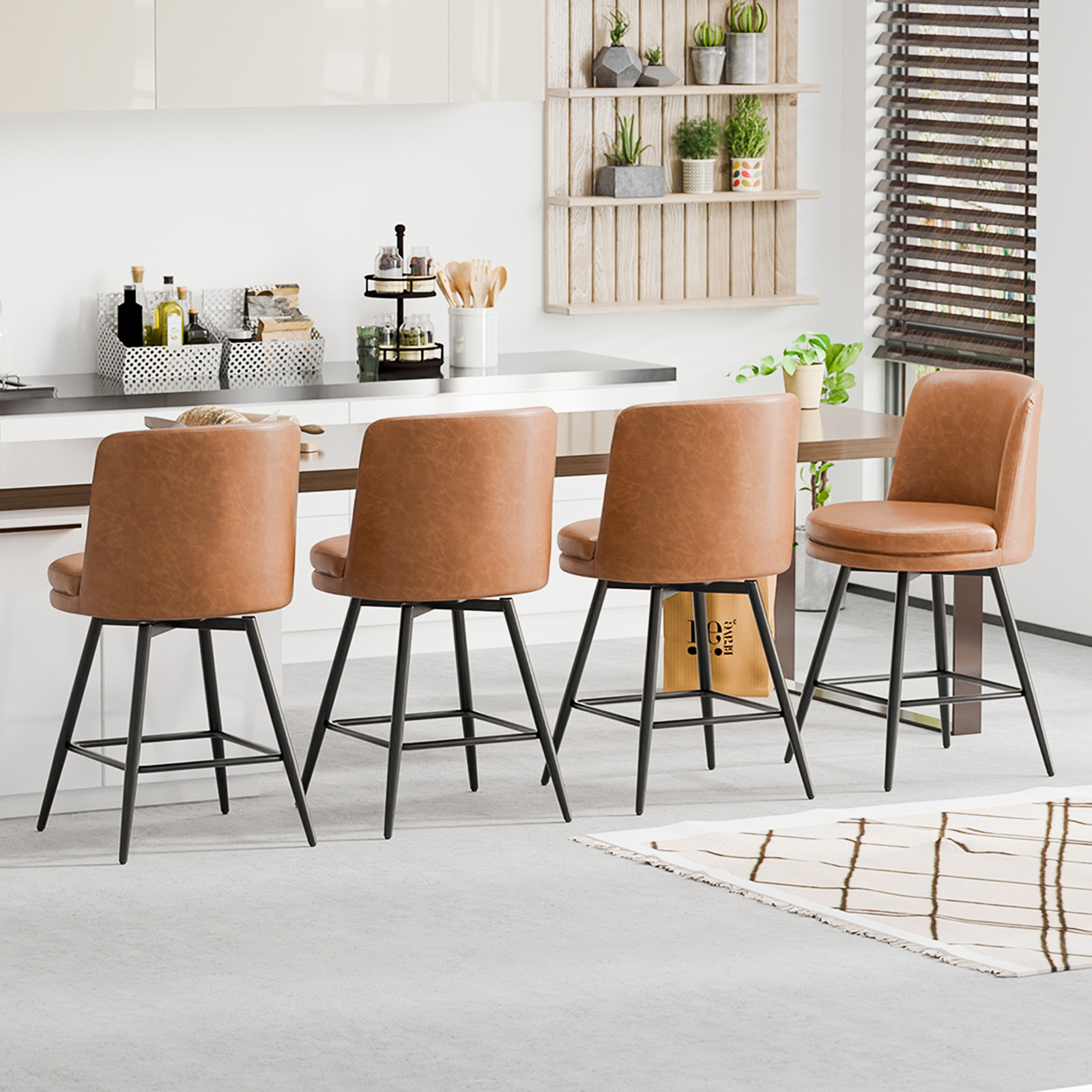 Bar Stools 360°Swivel Upholstered Backrest Synthetic Leather for Kitchen Island - Picture 38 of 50