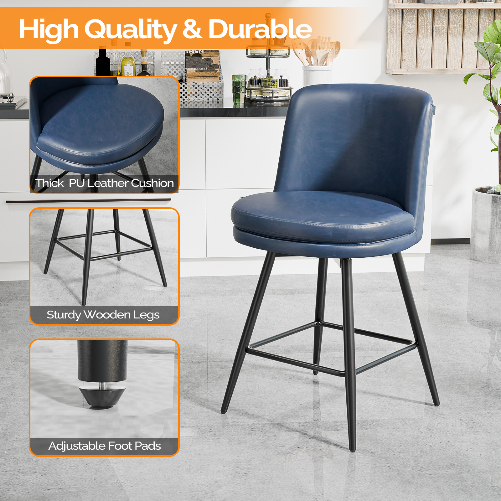 Bar Stools 360°Swivel Upholstered Backrest Synthetic Leather for Kitchen Island - Picture 47 of 50