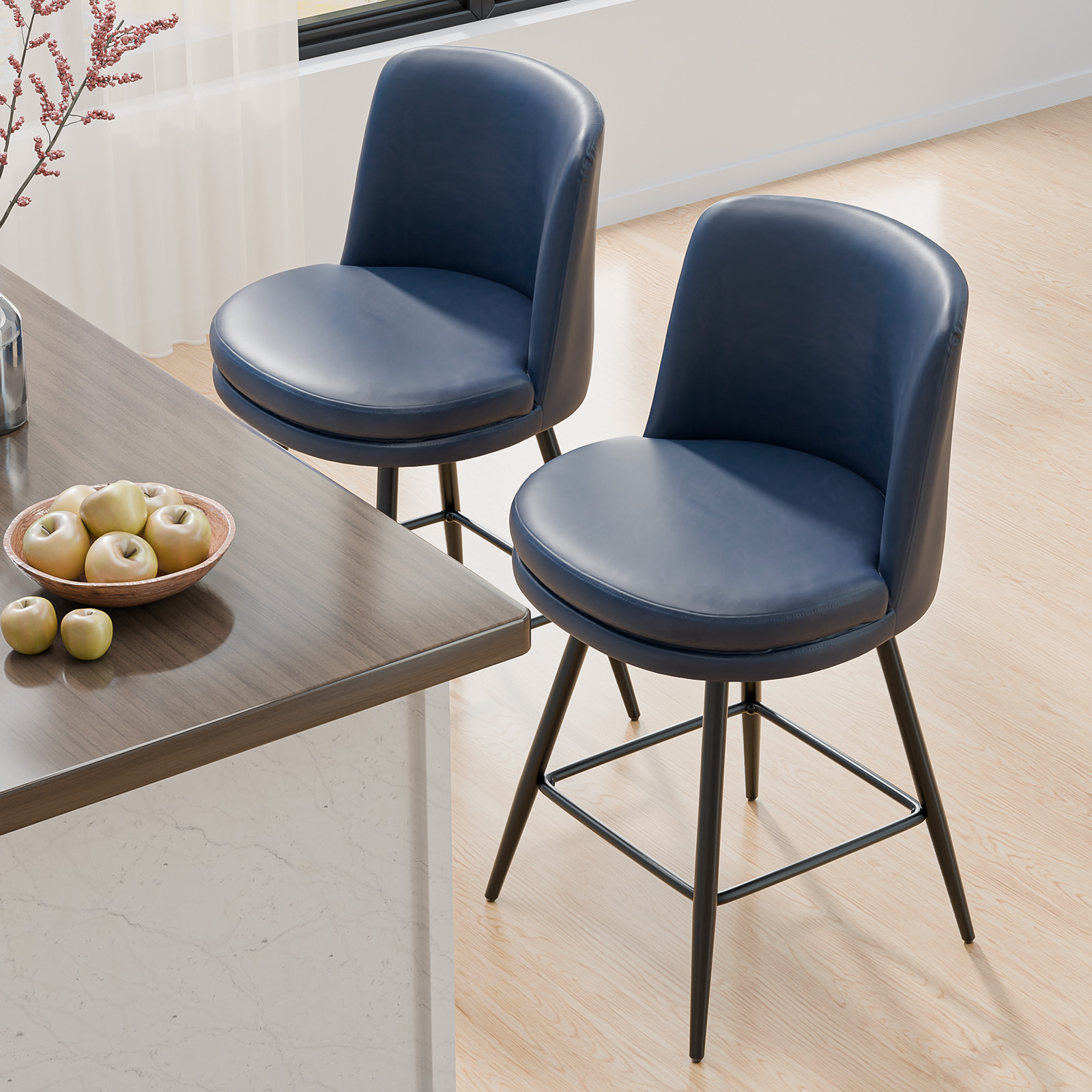 Bar Stools 360°Swivel Upholstered Backrest Synthetic Leather for Kitchen Island - Picture 49 of 50