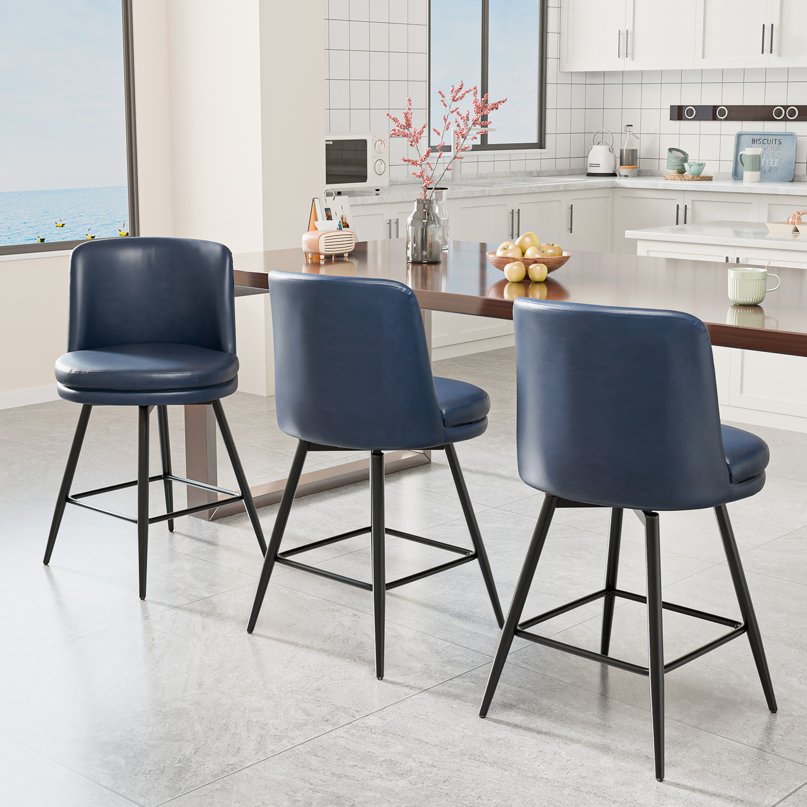 Bar Stools 360°Swivel Upholstered Backrest Synthetic Leather for Kitchen Island - Picture 50 of 50