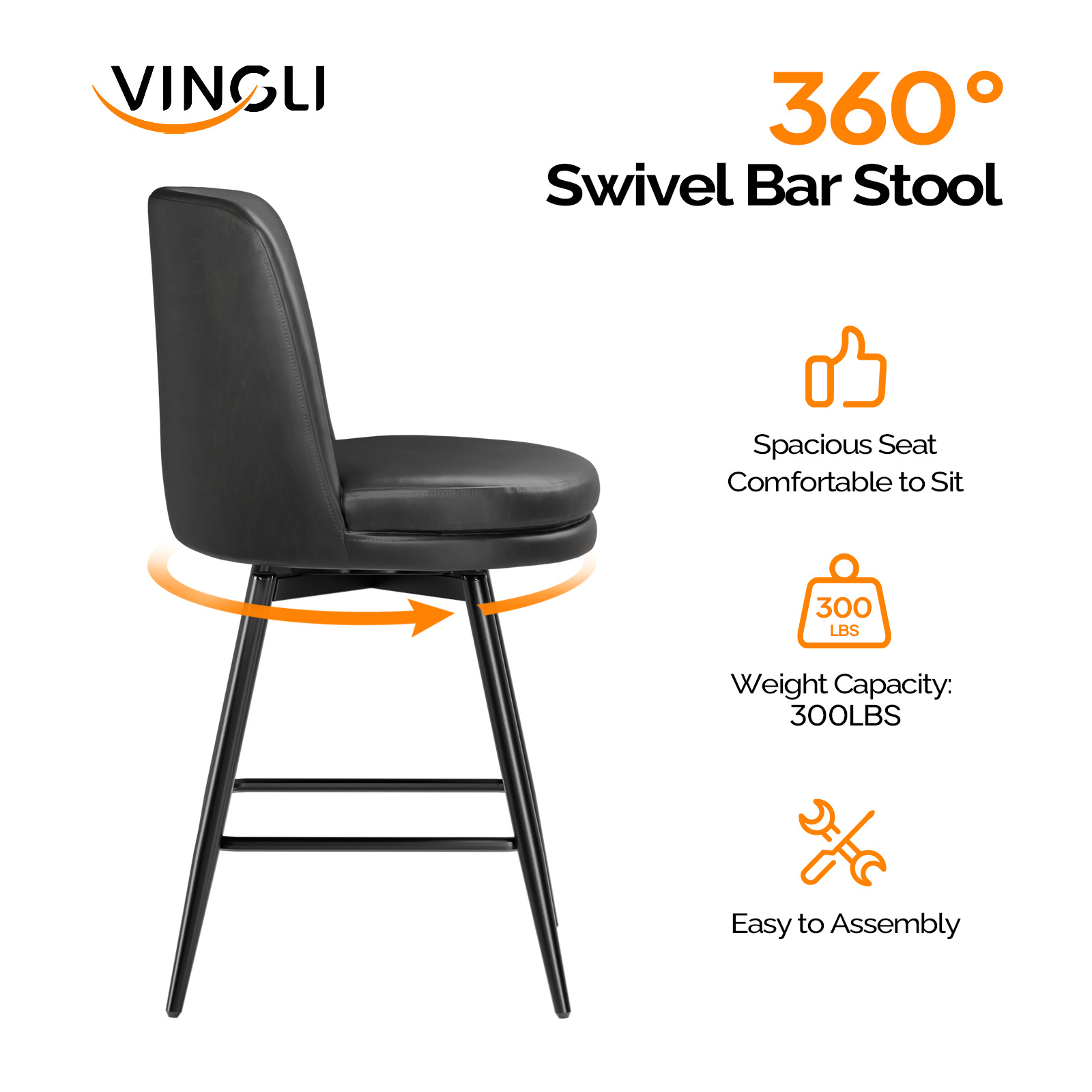 Bar Stools 360°Swivel Upholstered Backrest Synthetic Leather for Kitchen Island - Picture 29 of 50