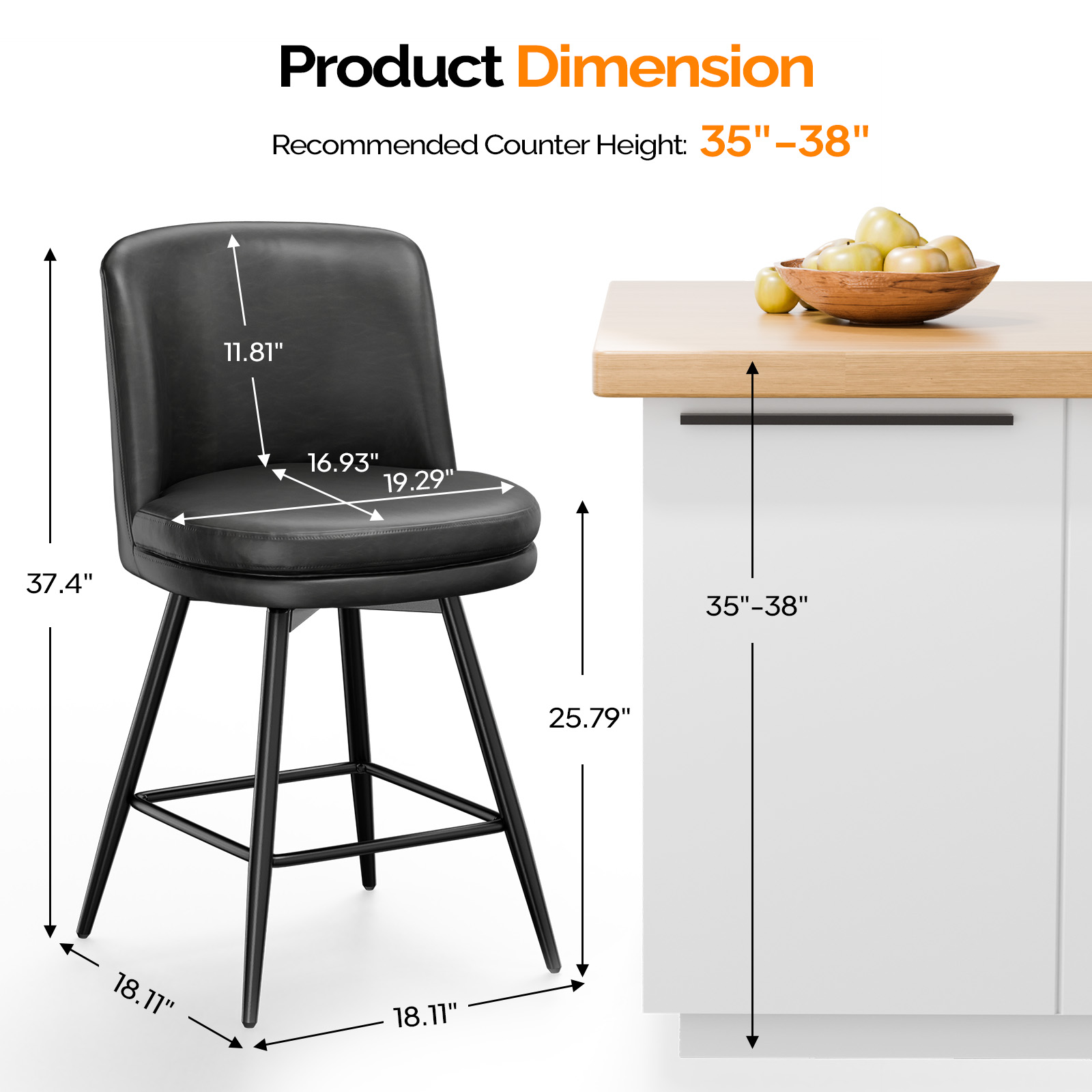 Bar Stools 360°Swivel Upholstered Backrest Synthetic Leather for Kitchen Island - Picture 30 of 50
