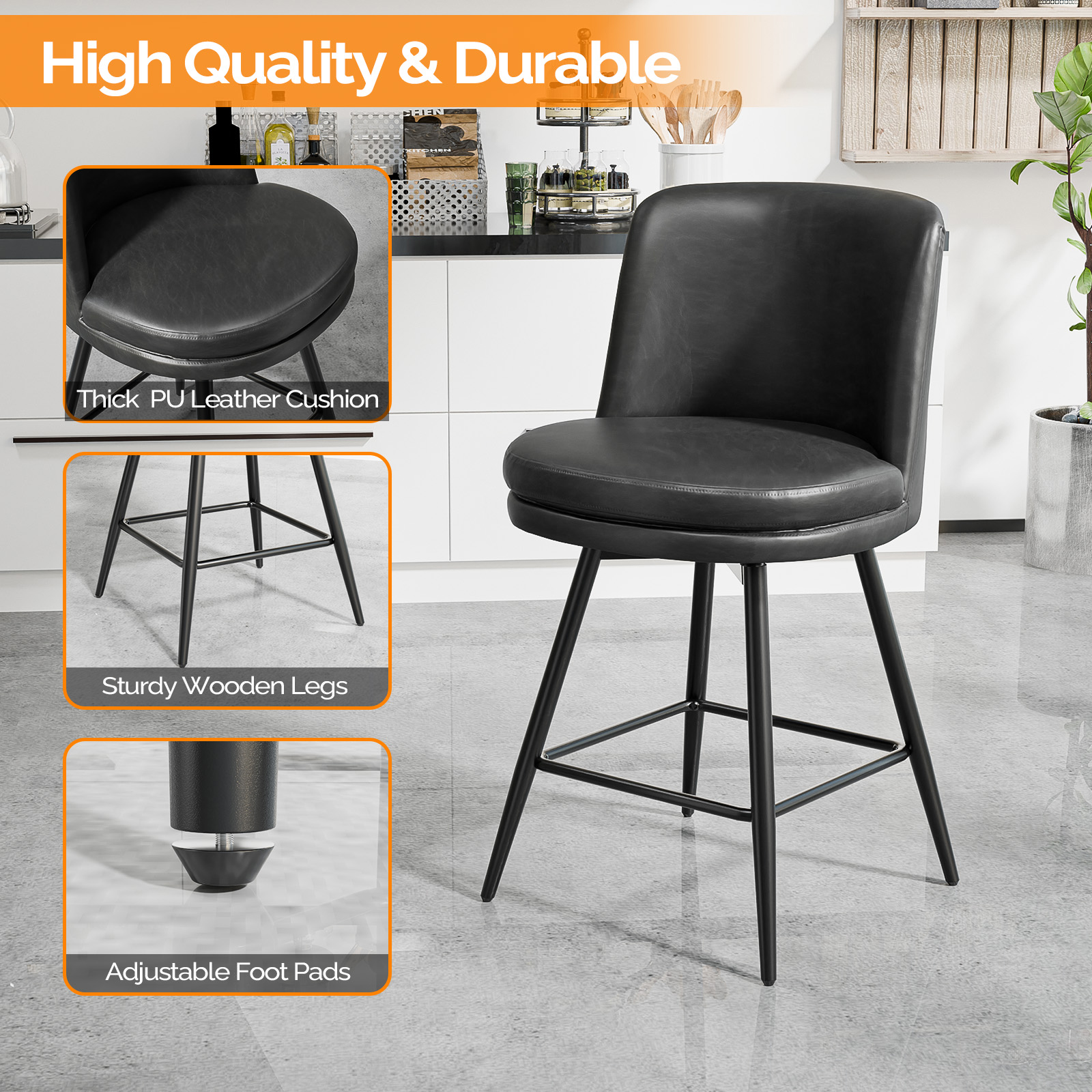 Bar Stools 360°Swivel Upholstered Backrest Synthetic Leather for Kitchen Island - Picture 31 of 50
